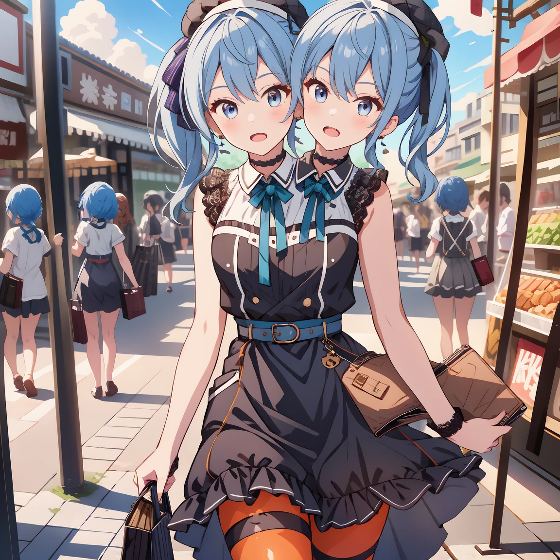 (masterpiece, best quality), best resolution, 16k, (2heads:1.5), close-up, 1girl, solo, HoshimachiSuisei, side ponytail, blue hair ribbon, SuiseiStreet, long hair, half updo, black beret, black dress, collared dress, sleeveless, bow earrings, lace choker, neck ribbon, black belt, orange pantyhose, o-ring thigh strap, single garter strap, (cheek-to-cheek), ((hand holding a wallet)), ((look around, look at the sky)), surprised, frustrating, walking, open mouth, city, Shopping Street, street vendor, morning