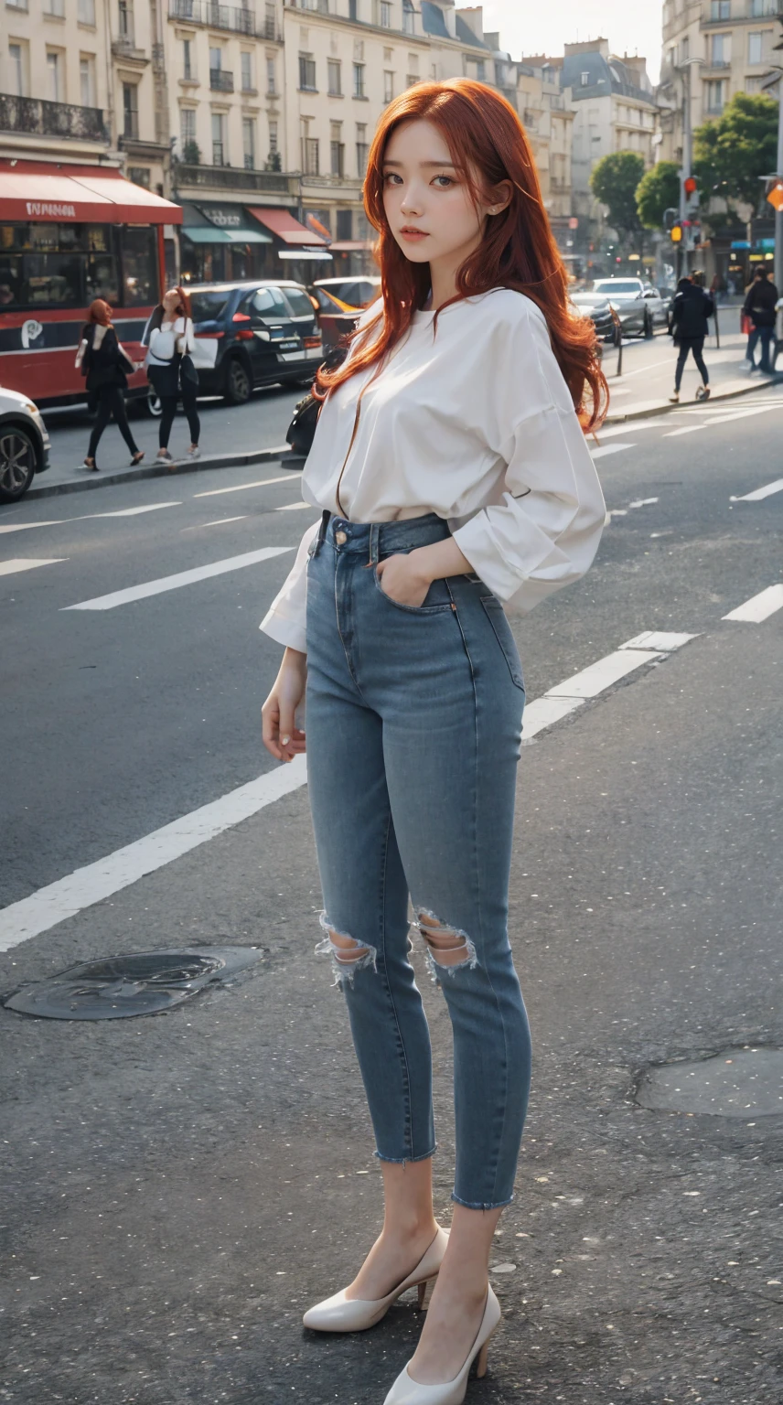 1 girl, standing, frente, ((black eyes)), (((perfect eye))), (((redhead))), usando top curto e colado branco, short skinny jeans, in a stunning setting, torre eiffel on the ground in the background, beautiful city, fim de tarde, live lighting, cores vivas, (((no cars))), ((full body shot))