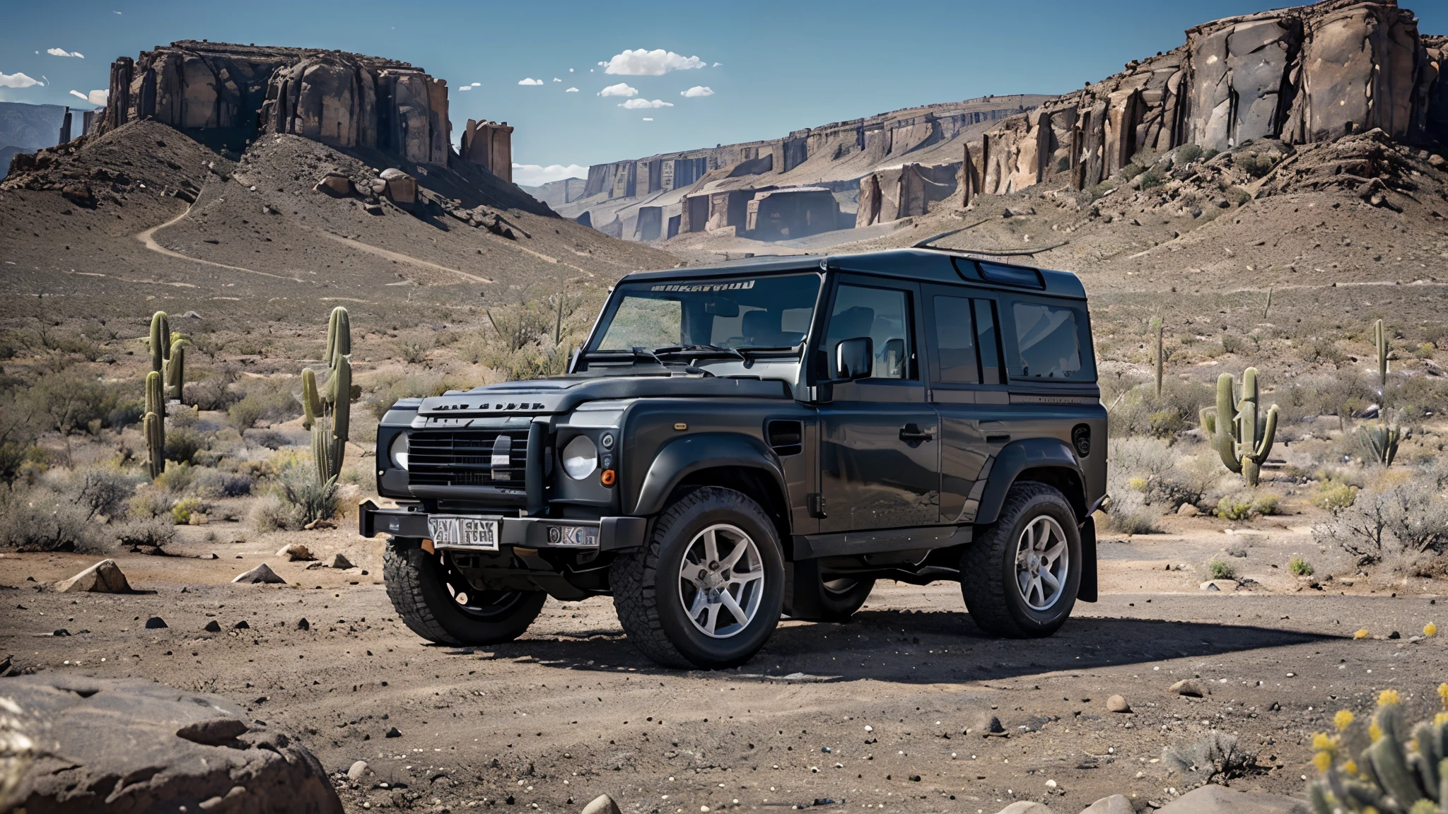 (RAW, Best quality, high resolution, Masterpiece: 1.3), A gun metal grey Land Rover Defender Works V8, big wheels and tires  desert with rocks and small hills, cactuses and big blue sky