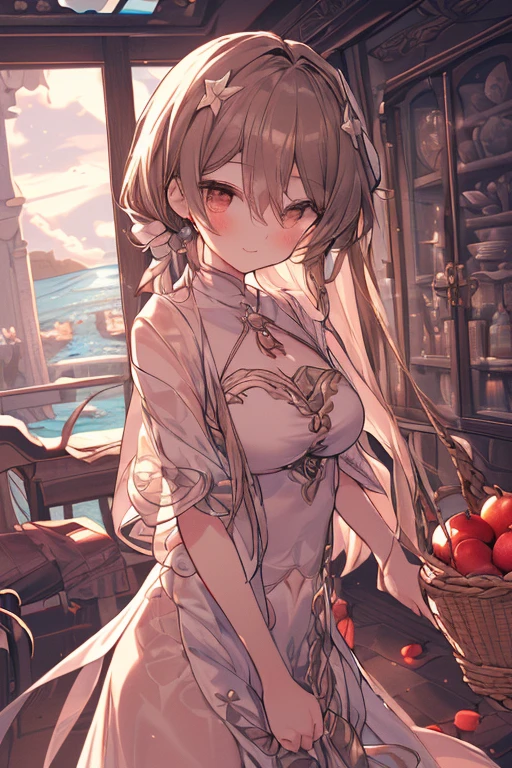 (perky chest:1.2), (pointed chest:1.2),(farmhouse entrance:1.3),(((Red Tunic:1.3))),(((apples and bread in the basket),Cute and beautiful girl,Cute round face,Cute smile,with blush cheeks,Red Lip,(brown hair,Floral braided headband,half up、Floral Braided Space Van,Voluminous Fishtail Braids,Twisted chignon,),(Bangs are see-through bangs),hair pin,hair adornments,detailed clothes features,Detailed hair features,detailed facial features,(Dynamic angles),(Dynamic and sexy poses),clothes that emphasize big breasts,Cinematic Light,(masutepiece,top-quality,Ultra-high resolution output image,depth of fields,intricate detailes,Make the subject look three-dimensional with the contrast of light and shadow,) ,(The 8k quality,Anatomically accurate facial structure,),(Sea Art 2 Mode:1.3),(Image Mode Ultra HD,) 
