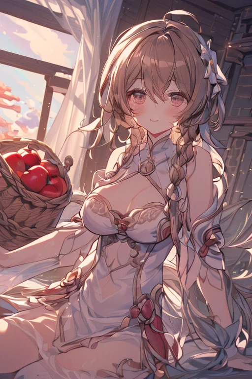 (perky chest:1.2), (pointed chest:1.2),(farmhouse entrance:1.3),(((Red Tunic:1.3))),(((apples and bread in the basket),Cute and beautiful girl,Cute round face,Cute smile,with blush cheeks,Red Lip,(brown hair,Floral braided headband,half up、Floral Braided Space Van,Voluminous Fishtail Braids,Twisted chignon,),(Bangs are see-through bangs),hair pin,hair adornments,detailed clothes features,Detailed hair features,detailed facial features,(Dynamic angles),(Dynamic and sexy poses),clothes that emphasize big breasts,Cinematic Light,(masutepiece,top-quality,Ultra-high resolution output image,depth of fields,intricate detailes,Make the subject look three-dimensional with the contrast of light and shadow,) ,(The 8k quality,Anatomically accurate facial structure,),(Sea Art 2 Mode:1.3),(Image Mode Ultra HD,)