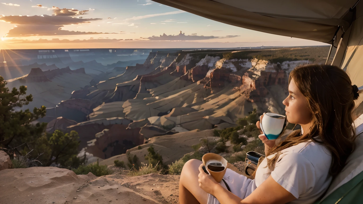 Advertising photo, photo taken from far, panoramic wide angle shot, a 16 yo Midwest girl exploder, with a horse behind her, at grand canyon, top of rock, sitting outside camping tent, holding a porcelain cup of coffee, overlooking the mountain & valley, glazing at far, enjoy the scene, 8k photorealistic, in sunrise morning, chilling air 8k photorealistic, in sunrise morning at far