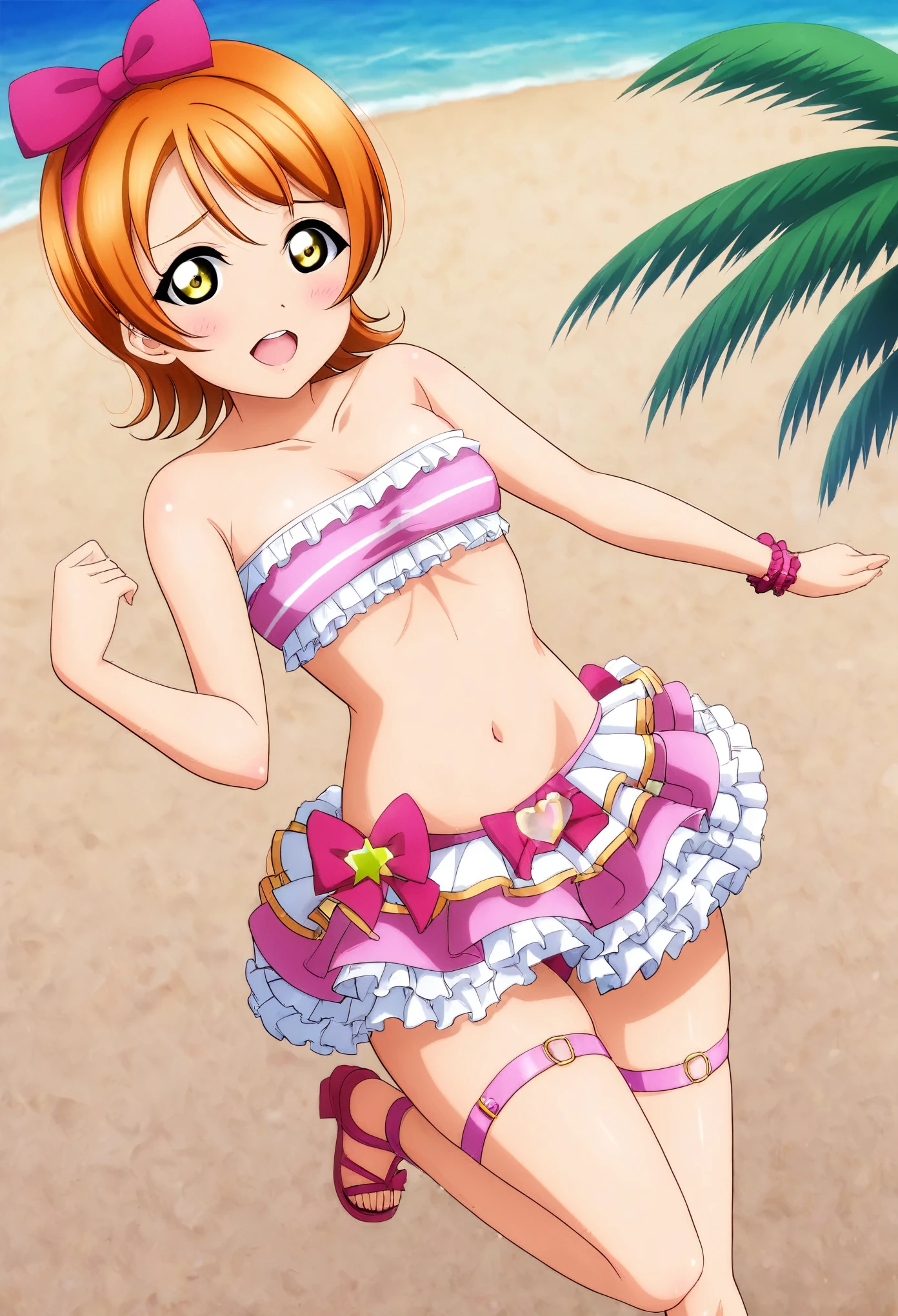 Masterpiece, best quality,Hoshizora rin,solo ,yellow eyes, short hair, orange hair, looking_at_viewer, blush,open_mouth, bow, ribbon, :d, skirt bikini,frills,pink tube top , beach, thighs strap , standing , love live style