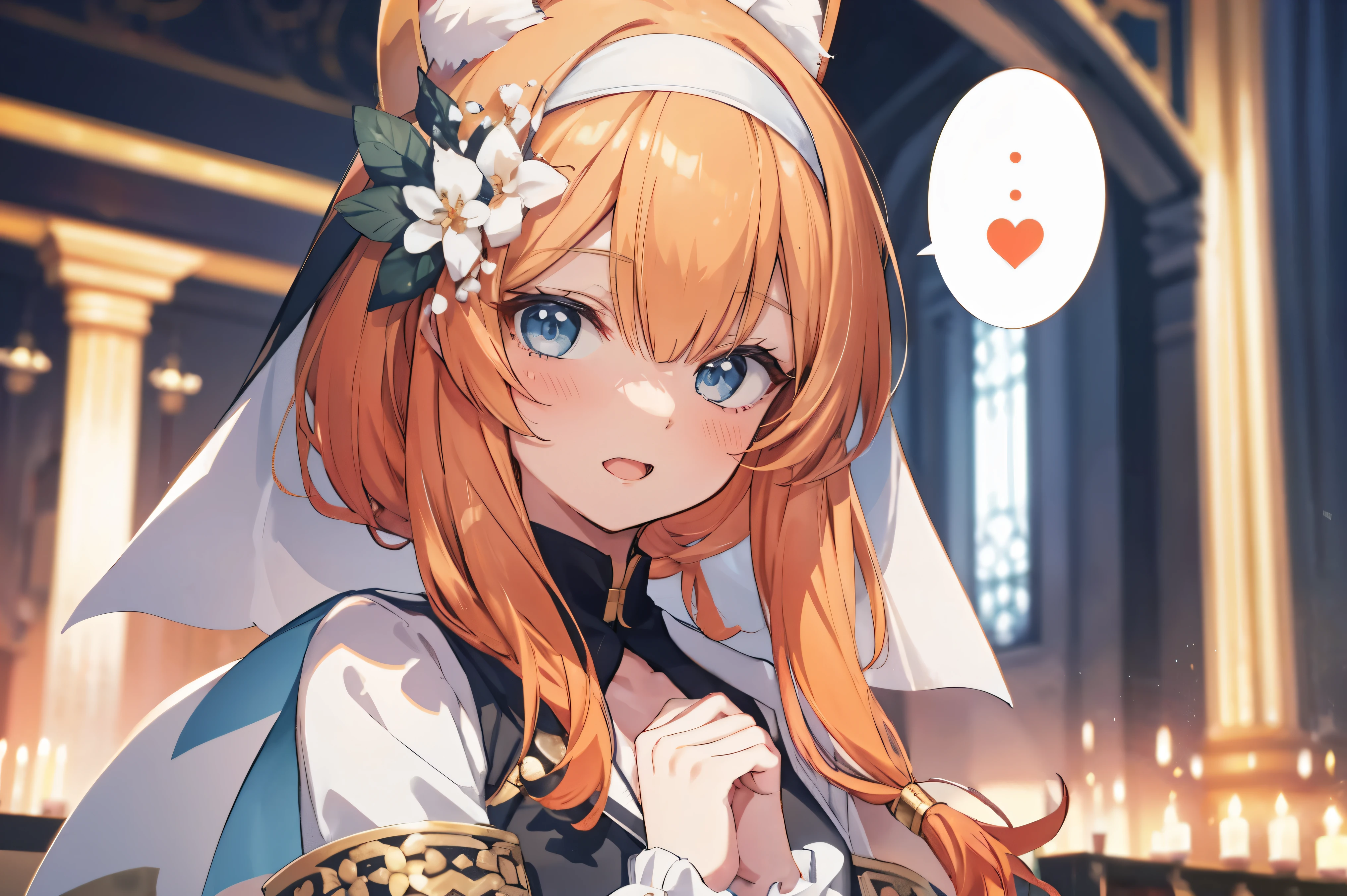 Marie、masterpiece、Best image quality、最high quality、1 person、girl (Open Mouth Smile), independent , Looking into the camera, masterpiece, Anime art style, Cute Characters, Most detailed, high quality、Shiny Hair、Very fine and beautiful bright eyes、nose blush、spoken heart、Very detailed, clear and beautiful face, Awards, (((Anatomically correct)))、Orange Hair