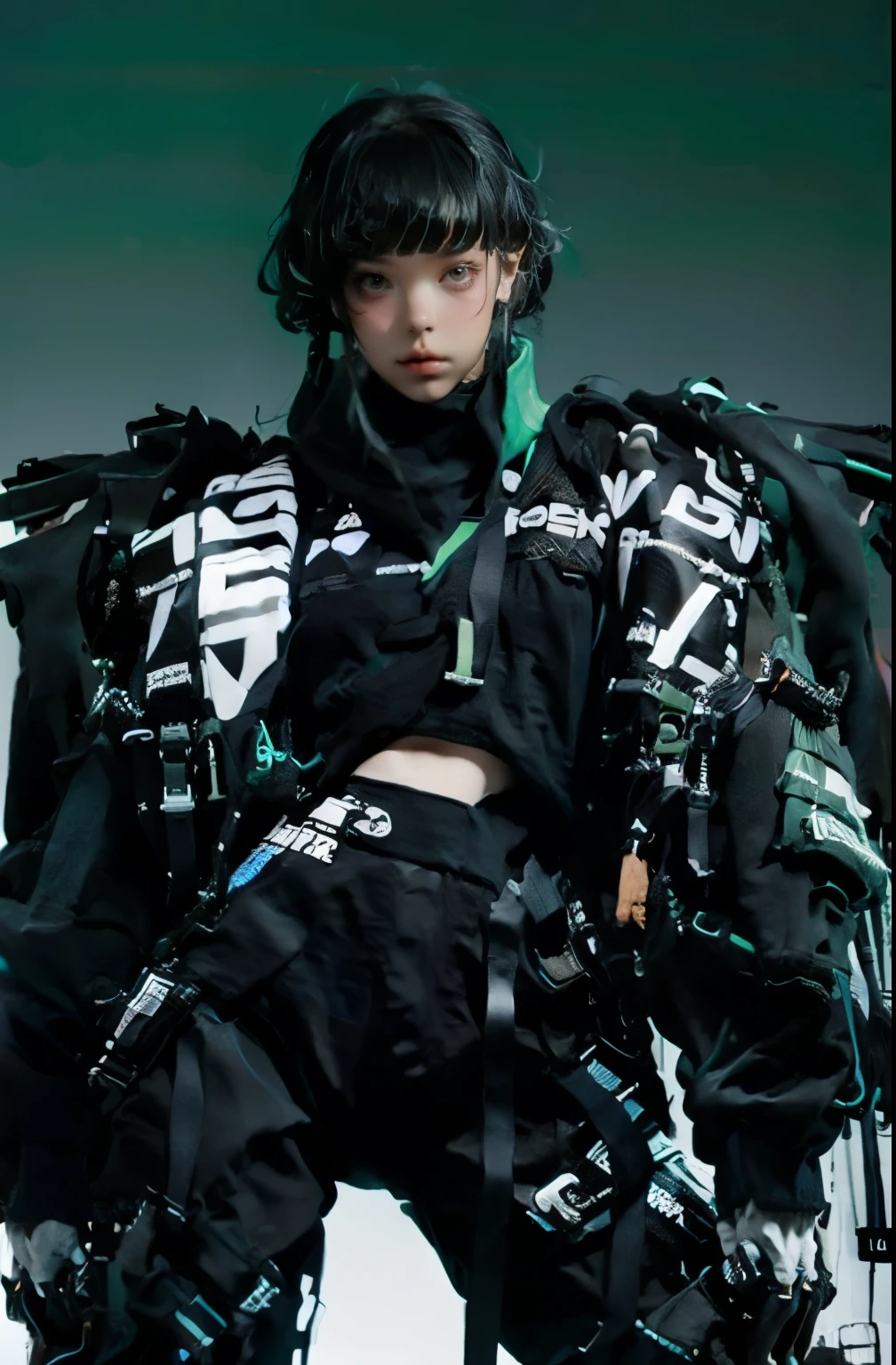 21yo girl, beautiful. (bob hair). Wearing black sweater. White background. urban techwear, neon green and black jacket, Glossy. robot arms and legs. Dark room