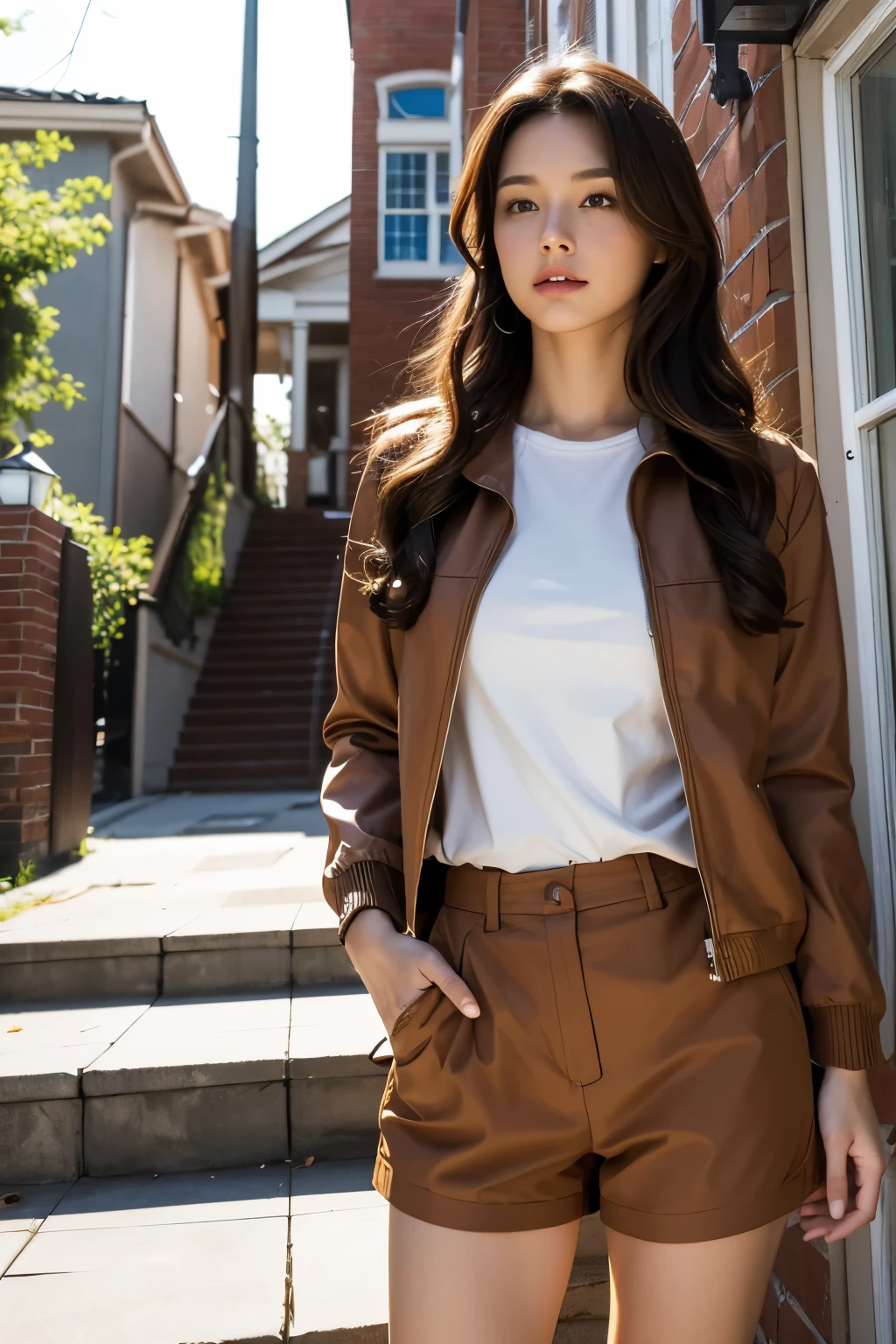A woman is climbing the stairs of a building, standing outside the house, Writer: In front of the two-story house, movie costume pictures, Beautiful woman wearing a brown jacket over a red sleeveless t-shirt, brown clothes, loose brown shorts, brown jacket with long sleeves, (Highly detailed facial expressions),