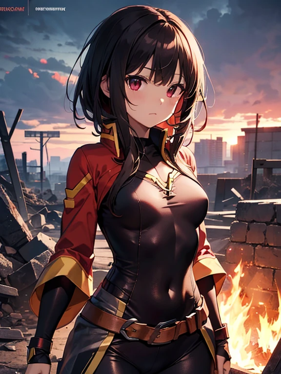 top-quality、Top image quality、masterpiece、s girl((sixteen years old、 Ager、Best Bust、big bast,wide open breasts、Beautiful light blue eyerest, multicolored hair、A slender,Large valleys、Reflecting the whole body、Laugh、variegated hair、Black Hero Suit、red cloak、Red short skirt、Niō Standing、Cross your arms、Being in the air)),hiquality、Beautiful Art、Background with(( city of collapsed buildings、Explosion too、Explosive inflammation、fires)))、masutepiece、depth of fields,hero wind