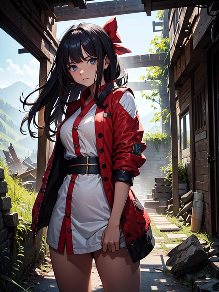 (highest quality, high resolution), from the point of view of the man who saved her life, as he stands among the rugged ruins, looking at the woman before him. Her expression is one of resignation and determination, acknowledging that she owes him. Despite the tense atmosphere, there is gratitude in her eyes. She reluctantly surrenders herself to him, ready to repay him in any way he desires. She takes off everything but her jacket, leaving her bottom half bare. nsfw, red ribbon