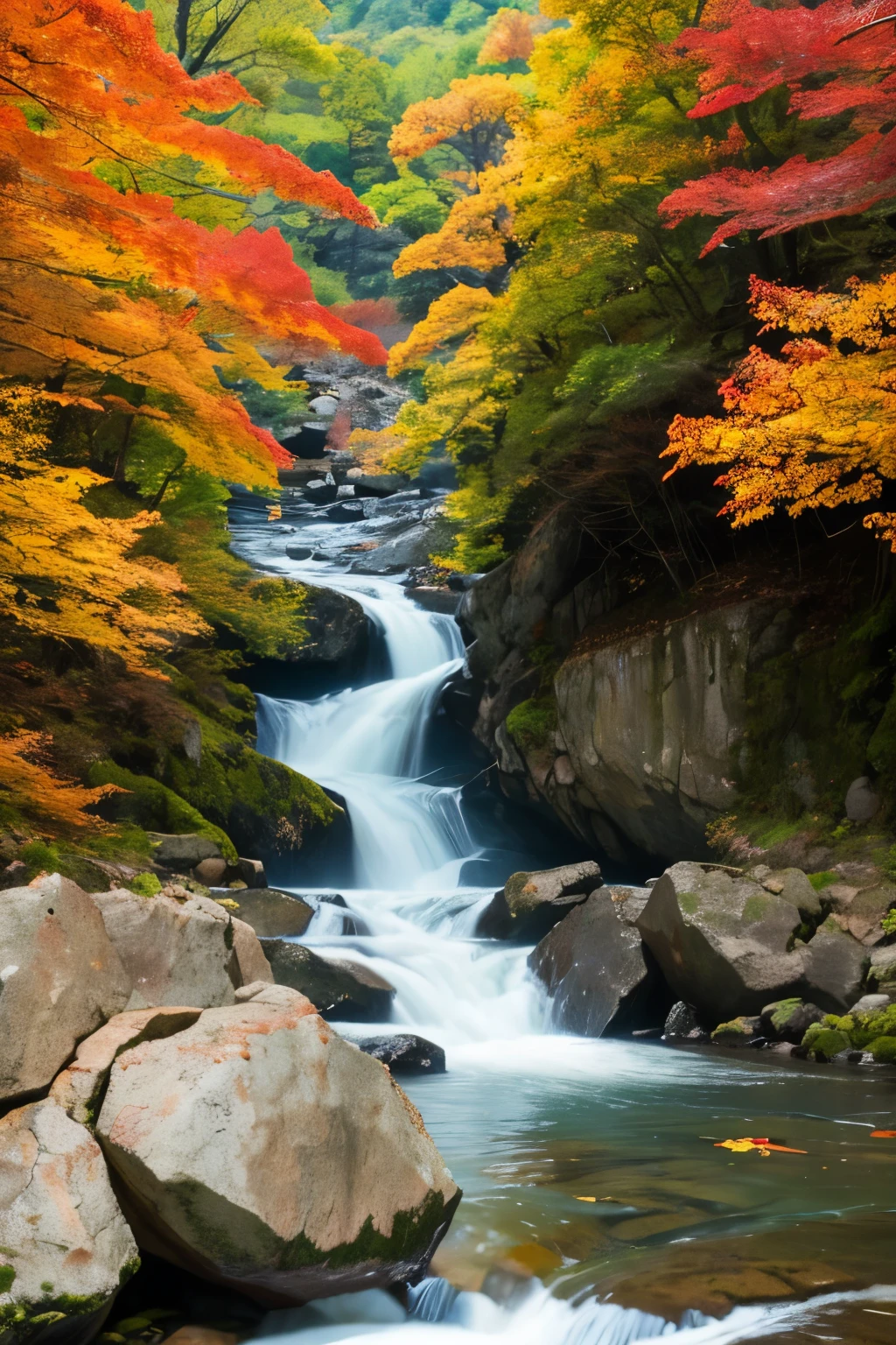 秋teethautumn leavesの保津川下り」teeth、There are rapids and huge rocks scattered around.。vivid、autumn leaves、Burning red、、、Close-up、Splash。