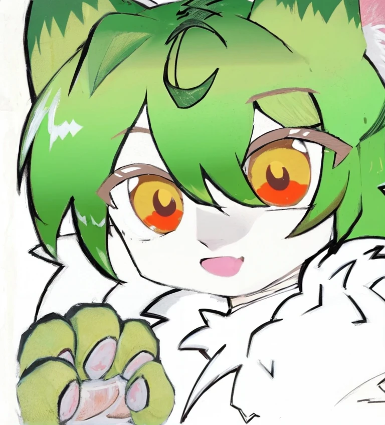 Anime drawing of a cat wearing a green tie and a green collar, furaffinity fursona, fursona!!!!, fursona art, full body adoptable, anthro gecko, lineless, neferpitou, White background : 3, green colored skin!!, female fursona, tchibi, cat seahorse fursona, Cute!! tchibi!!! cat woman