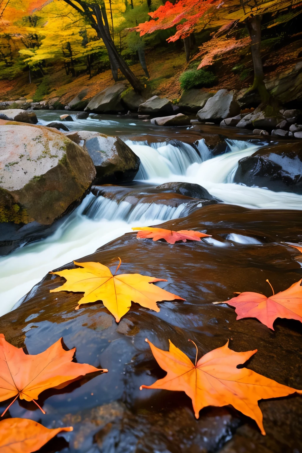 秋teethautumn leavesの保津川下り」teeth、There are rapids and huge rocks scattered around.。vivid、autumn leaves、Burning red、、、Close-up、Splash。