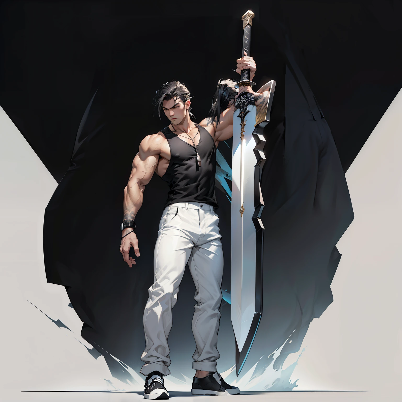 boys 26 Years old, Serious face, muscular, long hair, wearing (white round neck shirts), sleeveless shirts, ((black trousers)), ((black slip-ons shoes)), ((standing pose)), holding giant sword, standing on ocean, stormy weather 