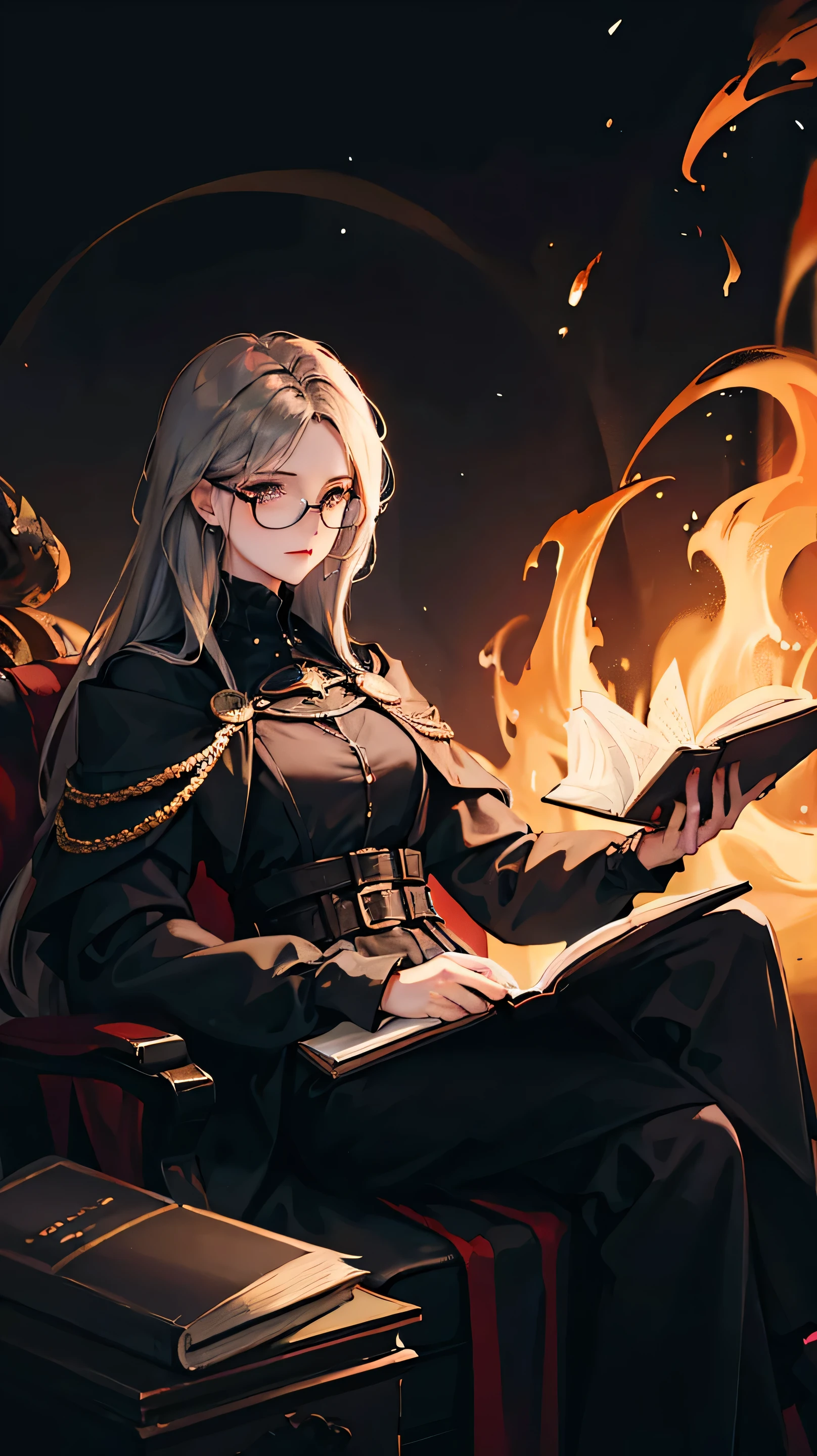 woman, sitting on a book, mathematical formulas, one pair of glasses, holding a fire rule, HD lighting and dark )<=(epic image quality)dark atmosphere with bright particle light(many effects in background, Background formula.void,black hole