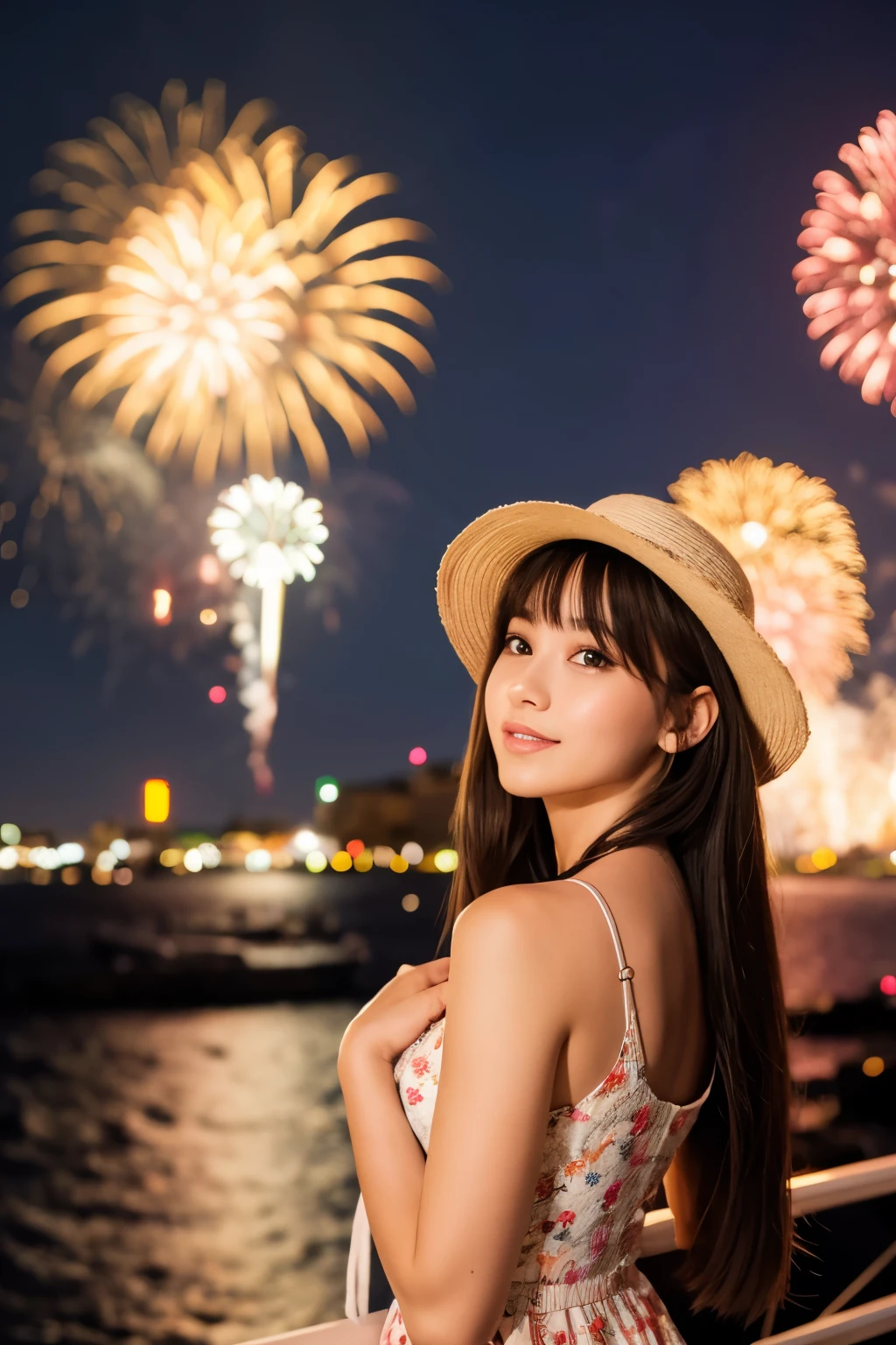 A very cute face like an idol、A young-looking 20-year-old woman wearing a Japanese yukata with three-quarter sleeves、Cleavage、night、Fireworks display、Natural light、Whole body、Artistic