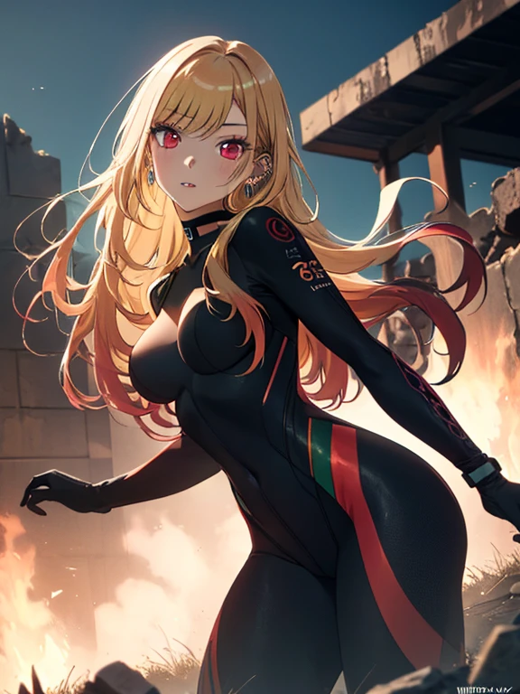 kitagawa marin, 1girl, blonde hair, long hair, multicolored hair, red eyes, jewelry, earrings, piercing, black choker, ruins、Plug Suit、Tight Combat Suit, UHD, retina, masterpiece, ccurate, anatomically correct, textured skin, super detail, high details, high quality, best quality, highres, 4K