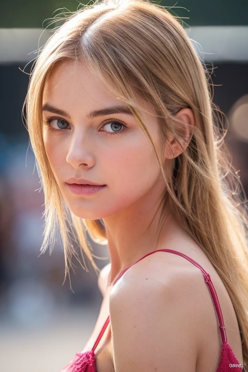 Mujer rubia de cara perfecta ,con senos enormes y pezones rosados
