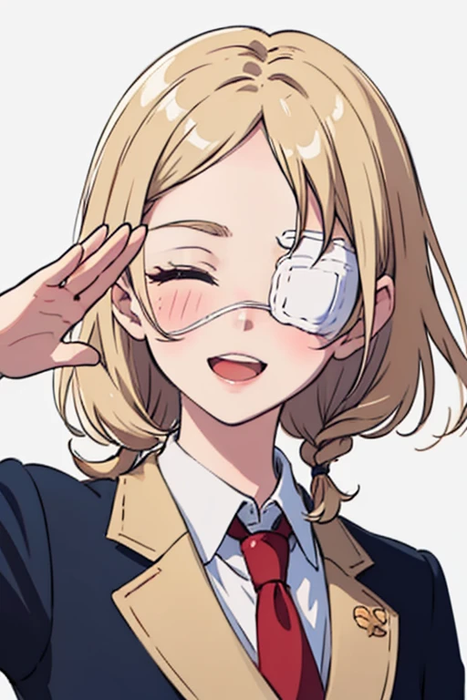 (masterpiece), ((best quality)), (super detailed), (Clean and delicate face), upper body, from front, Single Braided blonde pony tail, parted bangs, forehead, medical eyepatch, close eyes, long eyelashes, blush, smile, open mouth, wearing blazer and tie, salute with left hand only, simple color background