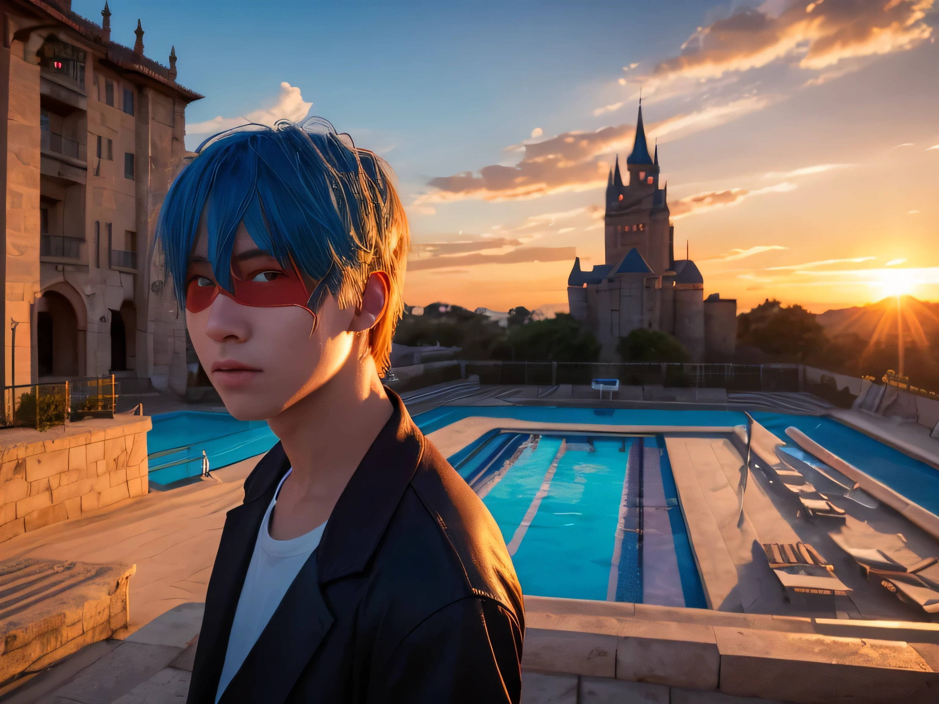 (Absurd, High resolution, ultra detailed), 1 male, Young people, Sunburn. Eyepatch on right eye, Blue Hair, Dramatic lighting, detailed, masterpiece, Standing in front of the castle, Sunset Light, Red and orange sunset tones、Summer vacation、Pool、School