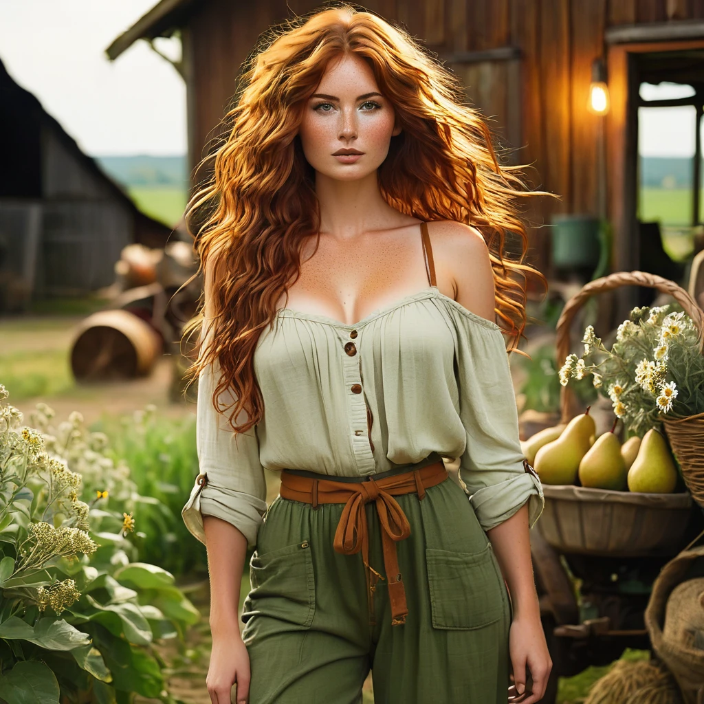 Luma is a topless person, she is beautiful And have a strong posture, she has huge breasts that have a voluminous proportion, a pear feminine silhouette, Auburn hair, long Auburn hair, She has expressive eyes, ( Only eyes olive green) Her skin is fair and she has some light freckles on her cheek bones, busty, Farm, Brown rustic clothes, boho clothes, farm boho fashion clothes, romantic vibes, fire lights, fire sparkles, flowers clothes the hair to be half straight and half with curled ends cartoon, nude tits
