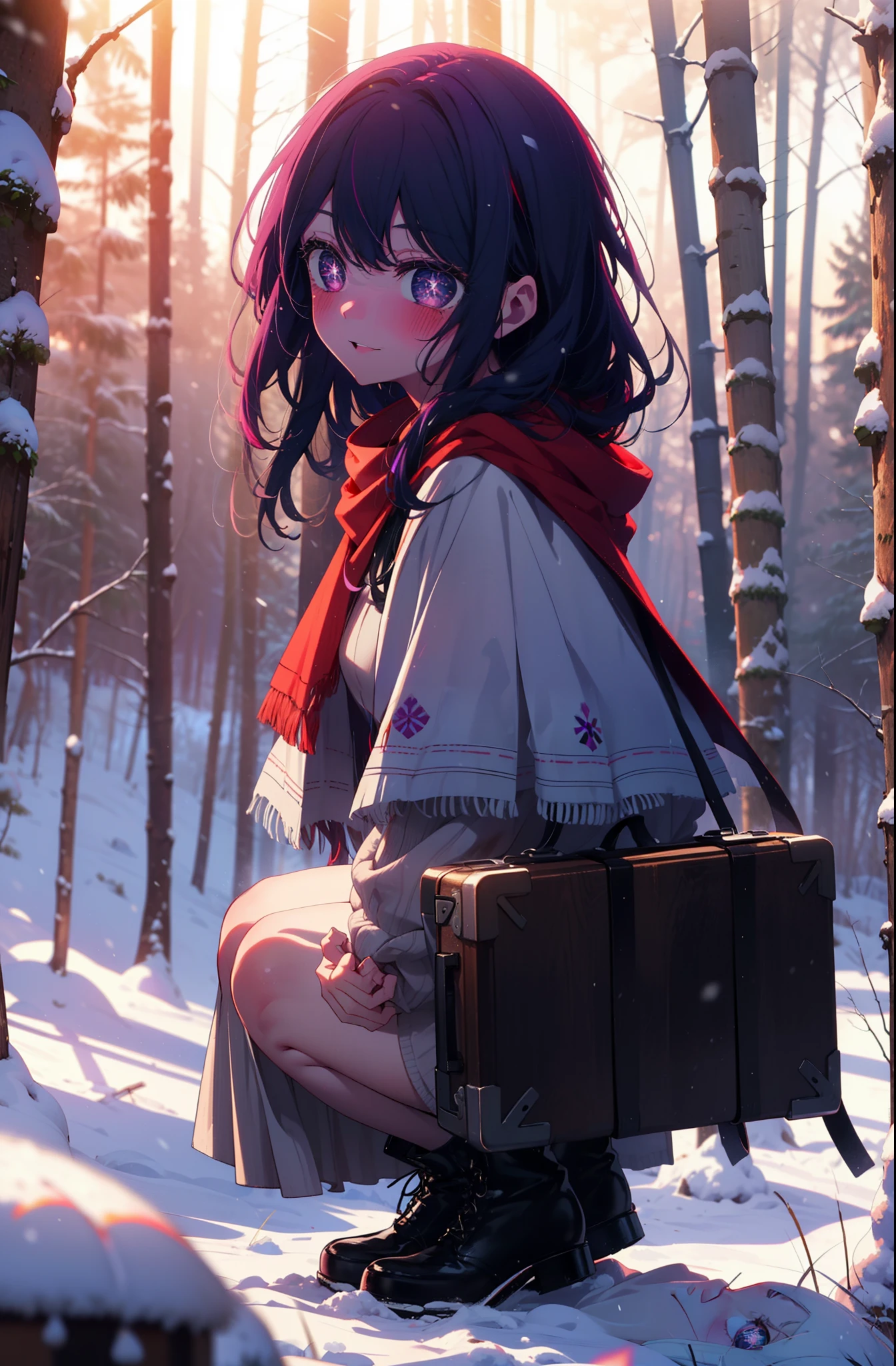 aihoshino, Ai Hoshino, Long Hair, bangs, (Purple eyes:1.1), Purple Hair, (Symbol-shaped pupil:1.5), smile,,smile,blush,White Breath,
Open your mouth,snow,Ground bonfire, Outdoor, boots, snowing, From the side, wood, suitcase, Cape, Blurred, , forest, White handbag, nature,  Squat, Mouth closed, Cape, winter, Written boundary depth, Black shoes, red Cape break looking at viewer, Upper Body, whole body, break Outdoor, forest, nature, break (masterpiece:1.2), highest quality, High resolution, unity 8k wallpaper, (shape:0.8), (Beautiful and beautiful eyes:1.6), Highly detailed face, Perfect lighting, Extremely detailed CG, (Perfect hands, Perfect Anatomy),