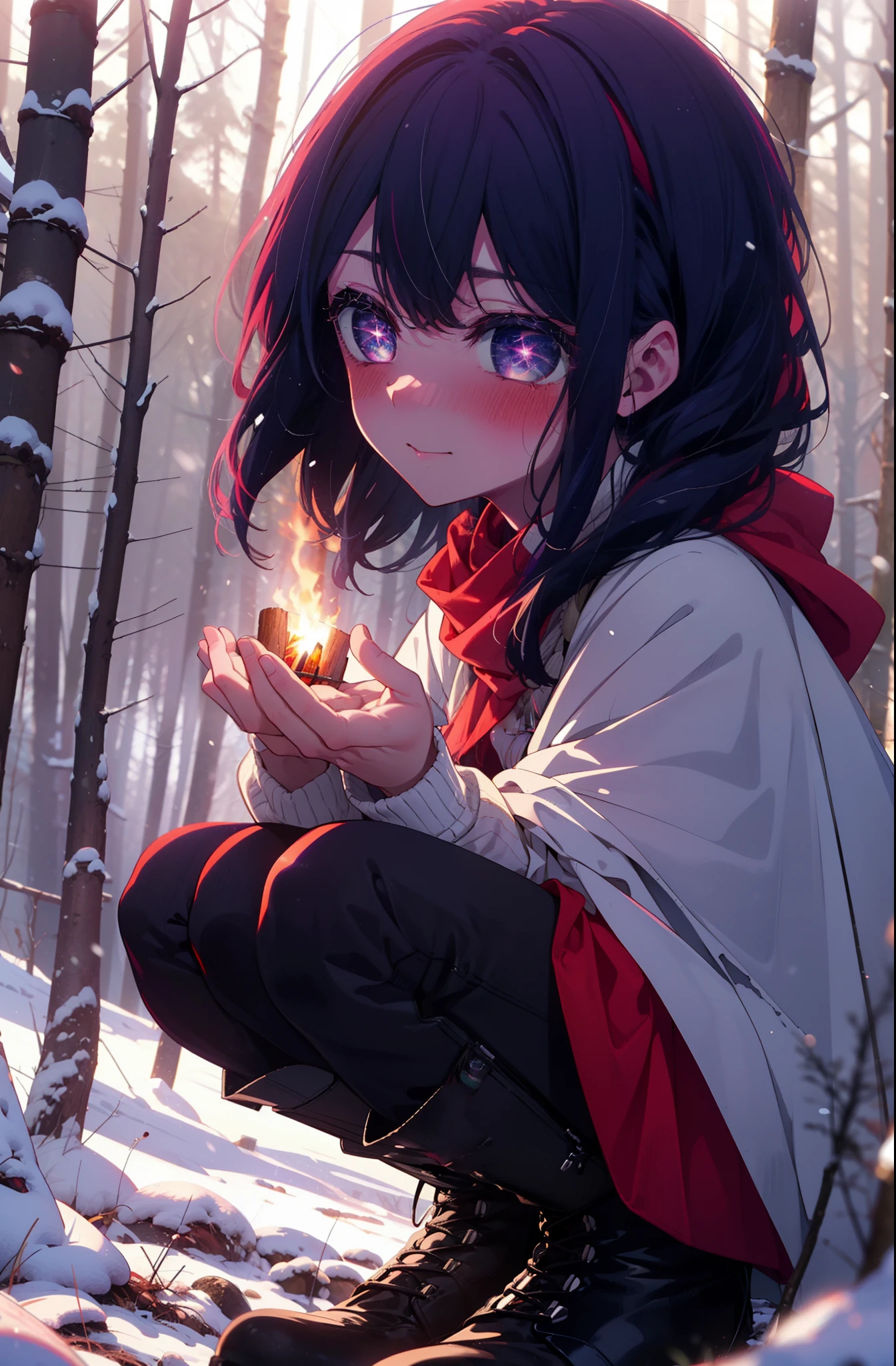aihoshino, Ai Hoshino, Long Hair, bangs, (Purple eyes:1.1), Purple Hair, (Symbol-shaped pupil:1.5), smile,,smile,blush,White Breath,
Open your mouth,snow,Ground bonfire, Outdoor, boots, snowing, From the side, wood, suitcase, Cape, Blurred, , forest, White handbag, nature, Squat, Mouth closed, Cape, winter, Written boundary depth, Black shoes, red Cape break looking at viewer, Upper Body, whole body, break Outdoor, forest, nature, break (masterpiece:1.2), highest quality, High resolution, unity 8k wallpaper, (shape:0.8), (Beautiful and beautiful eyes:1.6), Highly detailed face, Perfect lighting, Extremely detailed CG, (Perfect hands, Perfect Anatomy),