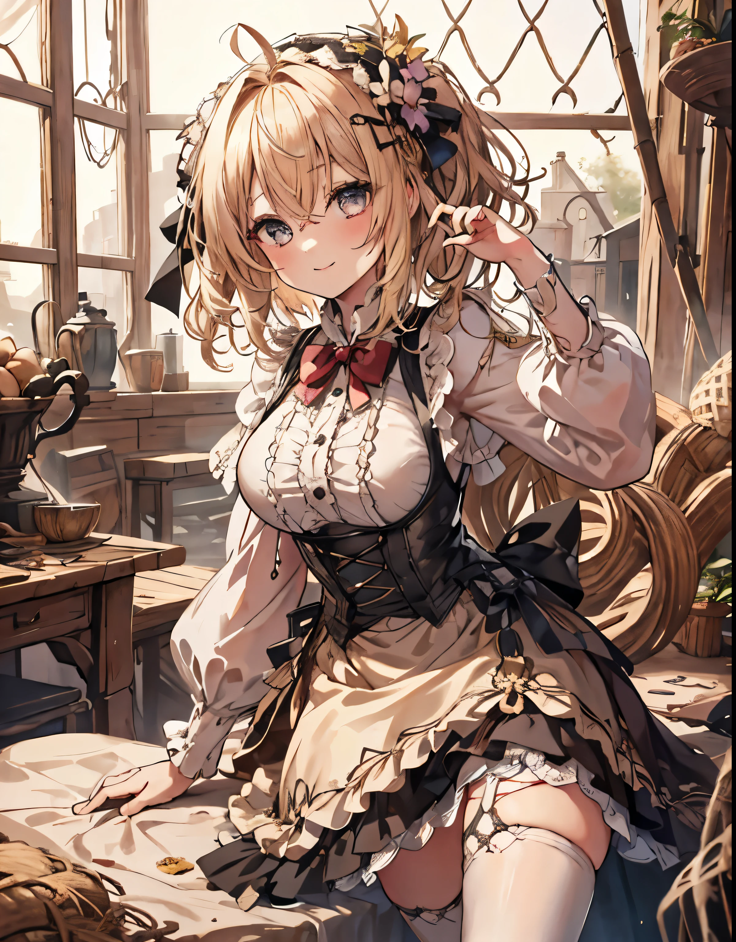 masterpiece, 1girl, sparrow, a blonde haired girl, wearing a victorian dress, curly short hair, messy hair, slim body, he close her left eye, shirt ornament, ruby eyes, ahoge, baby face, big breast, beautiful breasts, rounded breasts, long sleeves, beautiful eyes, white stocking, droopy eyes, her age is 19 years old, ricefield, bowtie, azusa_bluearchive, lovely face, medium hair, lovely smile, curly hair, gothic lolita