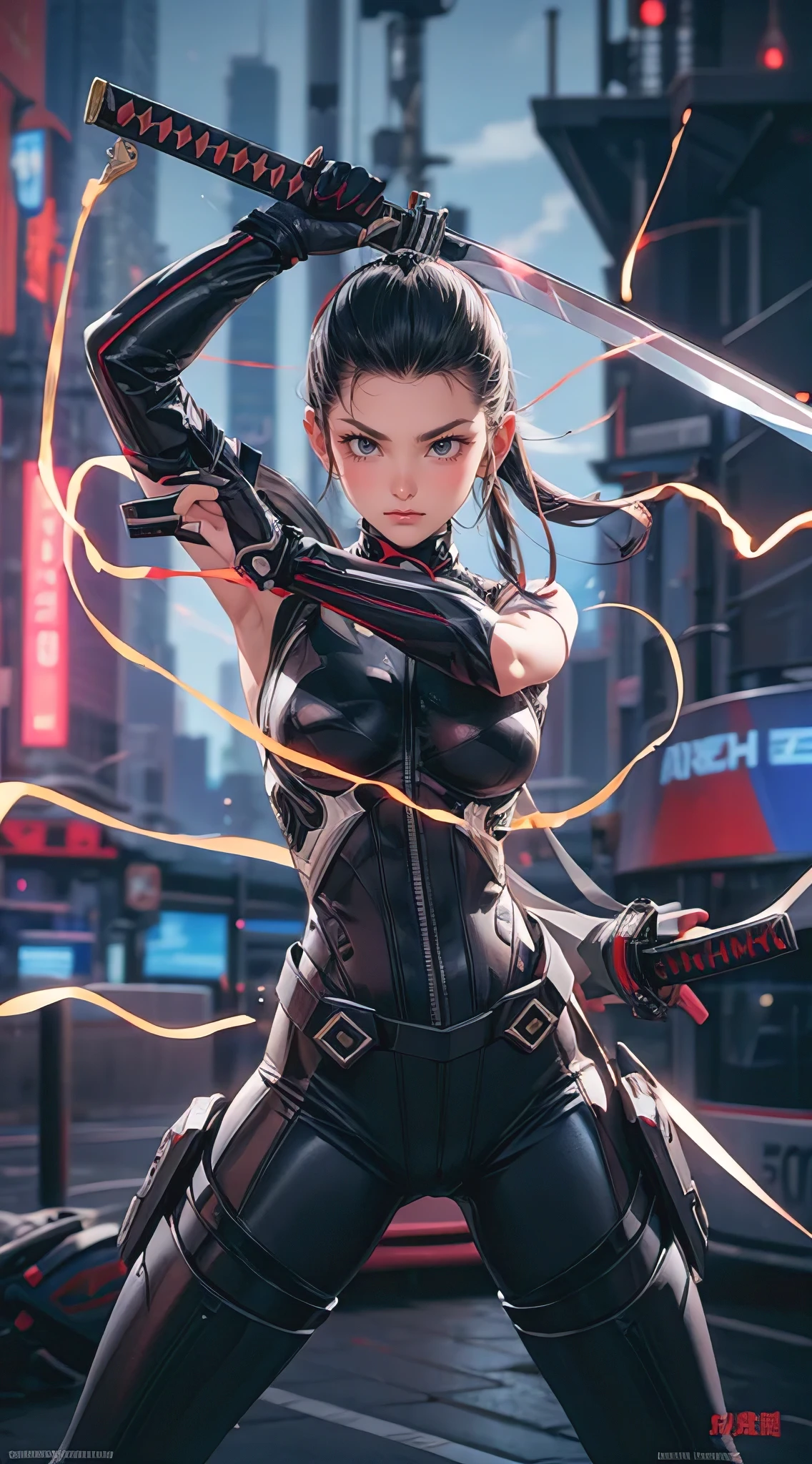 A stunning 3D anime render of a beautiful, powerful fighter dressed in a form-fitting combat suit. Her sleek suit is adorned with silver accents, and she wields a katana with an electric shock ability. The electric currents along the blade are clearly visible, adding to the weapon's otherworldly aura. The background showcases a futuristic, cyberpunk cityscape with neon lights and towering structures. The overall mood of the scene is intense and action-packed, reflecting the fighter's readiness to face any adversary., anime, 3d render