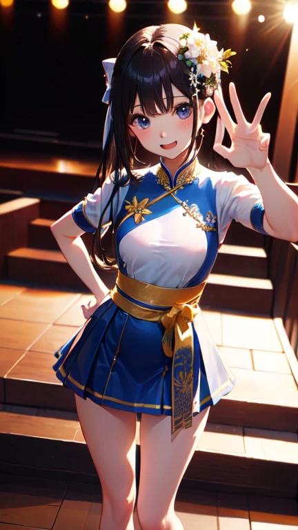 masterpiece, highest quality, One Girl, Thighs, beautiful girl, Flowers, たくさんの小さなflowerびら, flower、Narrow waist, RAWphotograph,Bright lighting、Face Light, Dynamic Lighting, Ultra-realistic, High resolution, photograph, Sharp focus, Highly detailed eyes and face,Symmetrical face, whole body、Big Breasts、Long Hair、チラリと見えるThighs、Deep valley、Beautiful valley、((((Mr.々Expression、Mr.々A pose、、Transparent Ao Dai、Micro Mini Skirt、The stage for the school festival beauty pageant、Low - Angle、Thighs))))