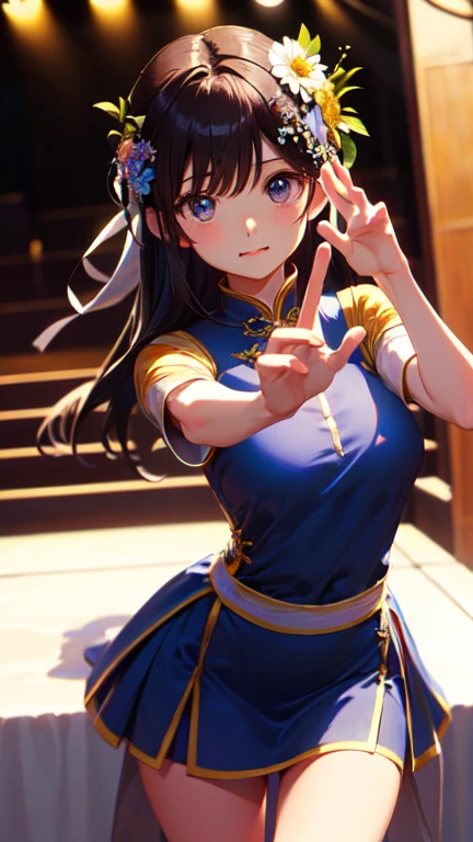 masterpiece, highest quality, One Girl, Thighs, beautiful girl, Flowers, たくさんの小さなflowerびら, flower、Narrow waist, RAWphotograph,Bright lighting、Face Light, Dynamic Lighting, Ultra-realistic, High resolution, photograph, Sharp focus, Highly detailed eyes and face,Symmetrical face, whole body、Big Breasts、Long Hair、チラリと見えるThighs、Deep valley、Beautiful valley、((((Mr.々Expression、Mr.々A pose、、Transparent Ao Dai、Micro Mini Skirt、The stage for the school festival beauty pageant、Low - Angle、Thighs))))