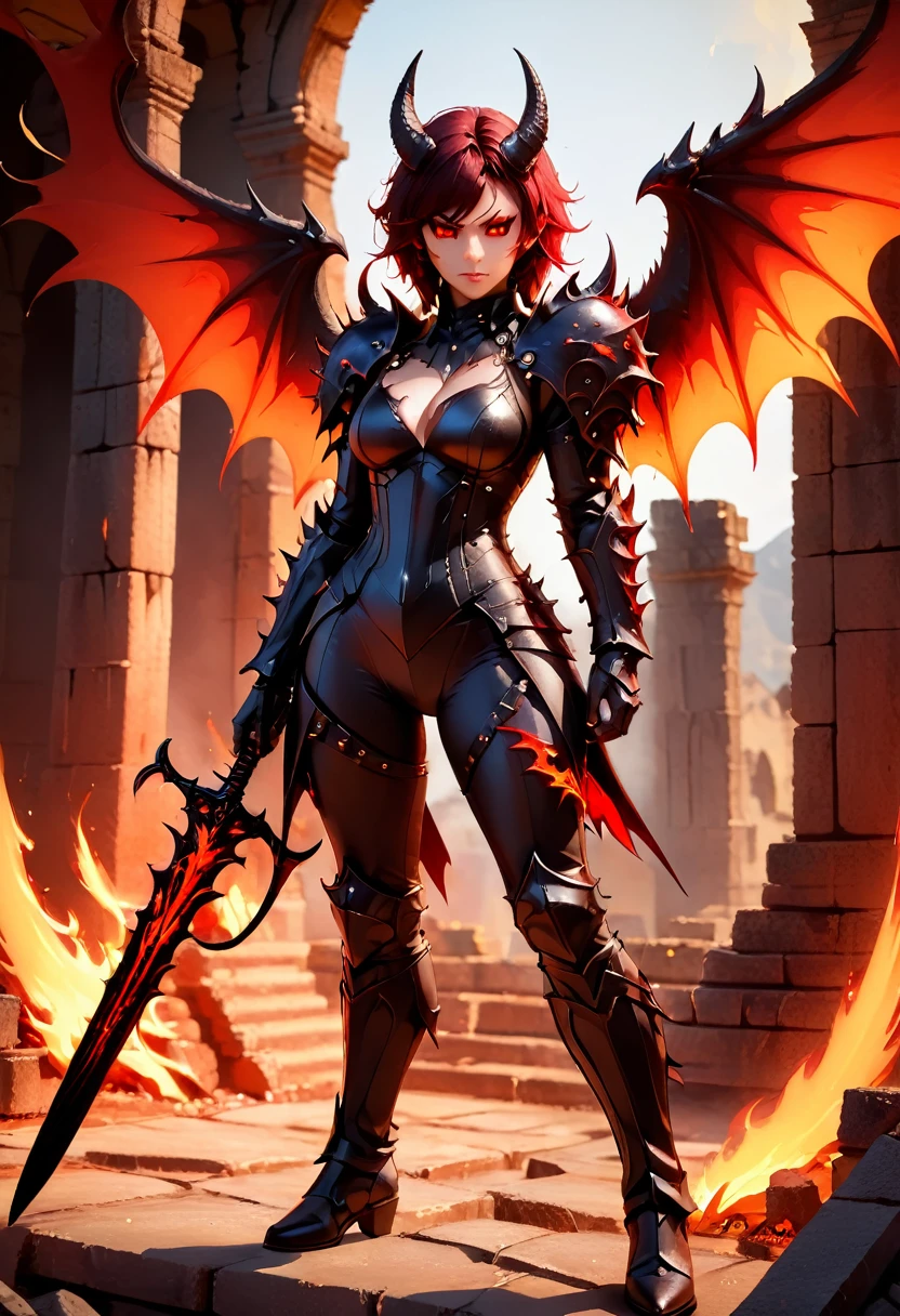 best quality, Best Illustration, Dark fantasy setting,Beautiful female demon,Spiked accessories,Tight combat suit,Red Eyes,Blazing Devil Wings,sharp corners,holding a sword with flames,Cast Shadows,Standing on the ruins,Red and orange palette,otherworldly power,Dynamic Lighting, Depth of Field, The best shadow, stable diffusion model, sparkling
