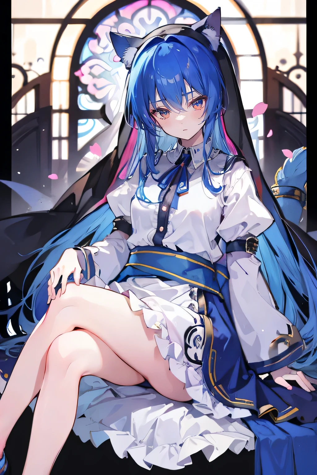 (masterpiece:1.2),Extremely detailed,Practical,expressive eyes,Fair skin,Perfect face shaping,1 Girl,
Japanese cartoons,Gorgeous blue hair, the long flowing blue hair,Floating clothes,Cat ears,Petals fall,beautiful lola,Angel,
Place your hands on your waist,sit elegantly on the ground,Cross your legs,Gentle and peaceful background,stately church,nun.