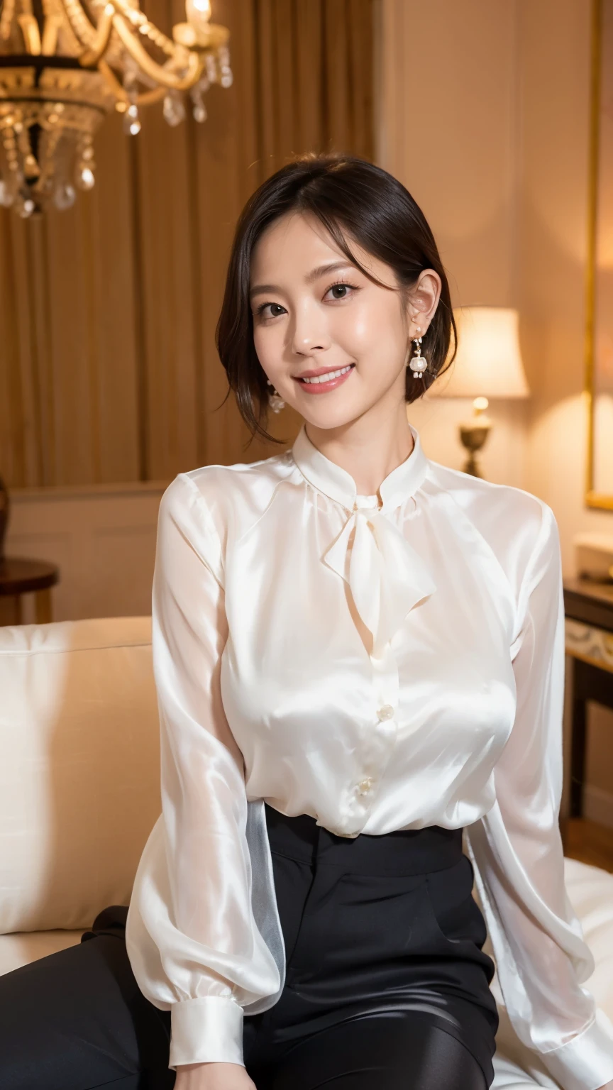 (RAW Photos:1.2)、 (Realistic:1.4),(D cup breasts),Thick legs、alone、(White silk_See-through blouse:1.5),(She is wearing a black camisole under her blouse:1.8)、(Black trousers:1.4),(Pearl_Earrings:1.3),Jewelry Necklace Short Hair,black eye、(Dimly lit luxury boutique:1.8)、(Looking at the audience:1.2)、Beautiful Japanese Woman, Very detailed,High resolution, Very detailed,highest quality,Raise awareness,Unified,8k wallpaper,masterpiece,highest quality,1 female,alone,rich,Whole Body Ezbian,(A kind smile:1.5)、(Full body photo)、Sit on the sofa with your legs together、Black pumps、Wooden floor、chandelier