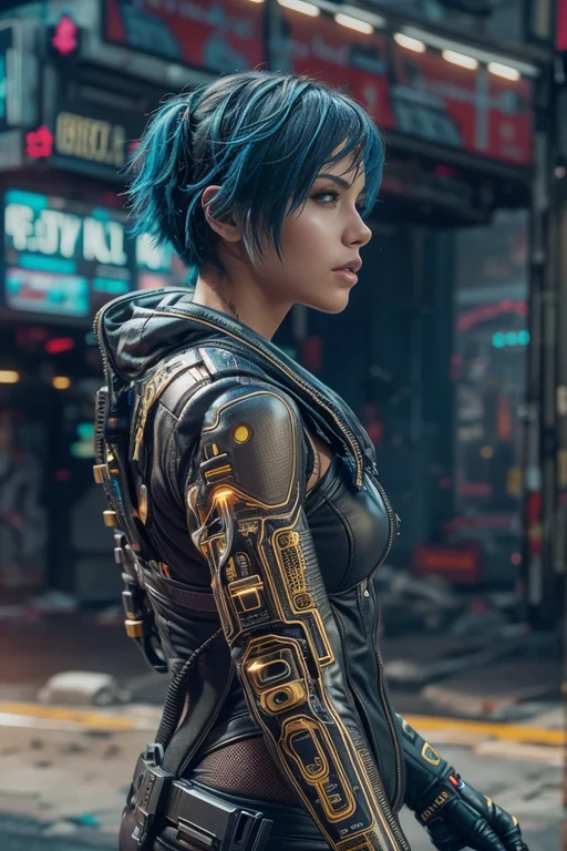 PLEASE fix image, Masterpiece, (18 years old Kate Beckinsale), a full body shot, layered perspective, (a beautiful 18 years old cyborg with short blue pixie hair, wearing cyberpunk armor in the style of Ghost in the Shell), she is standing in the street in a dynamic pose, runners slim body, with a dystopian city street background, cinematic color grading, hyper realistic and detailed skin texture, depth of field, and intricate details, black and gold colors, (cyberpunk 2077 vibes:1.1)