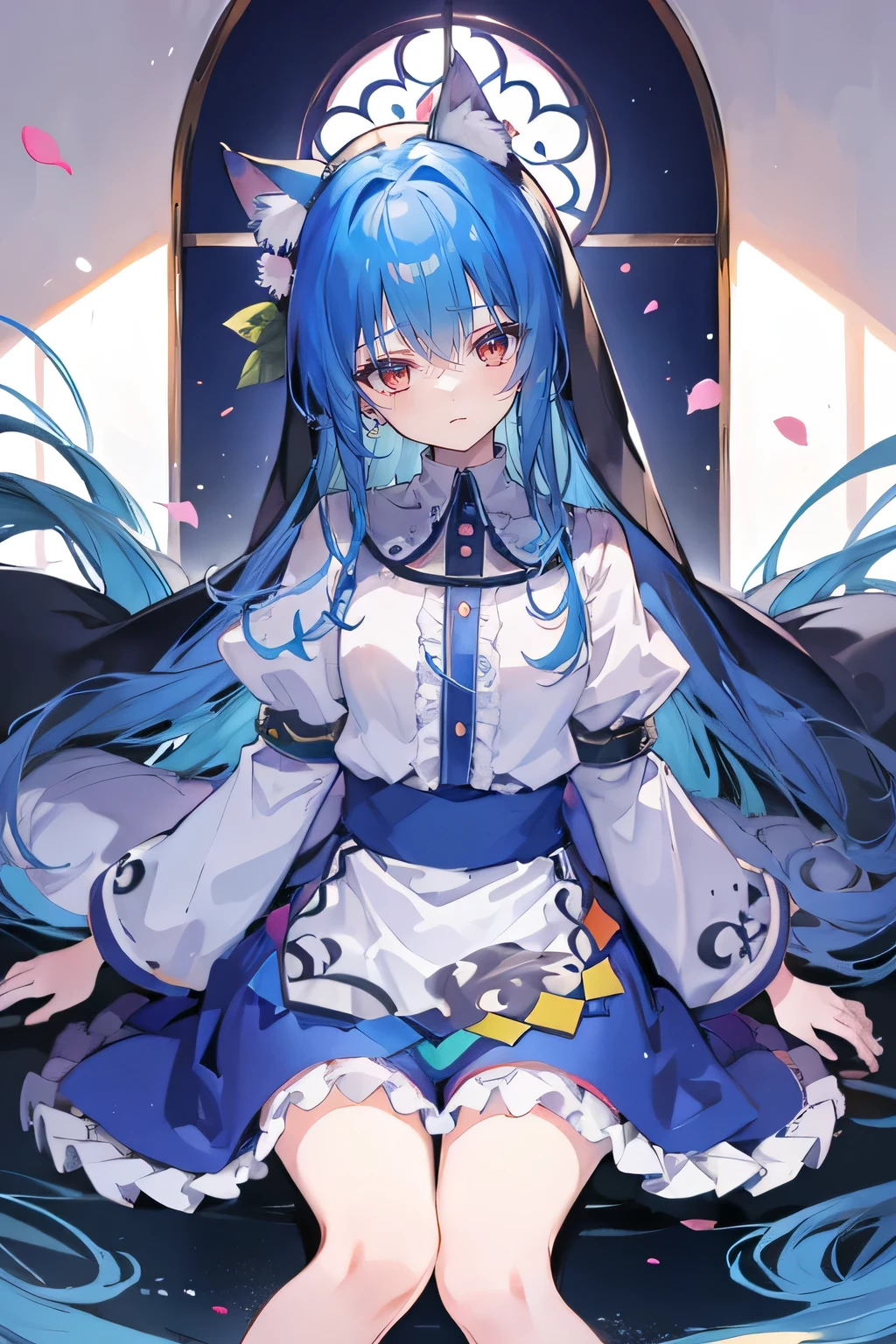 (masterpiece:1.2),Extremely detailed,Practical,expressive eyes,Fair skin,Perfect face shaping,1 Girl,
Japanese cartoons,Gorgeous blue hair, the long flowing blue hair,Floating clothes,Cat ears,Petals fall,beautiful lola,Angel,
Place your hands on your waist,sit elegantly on the ground,Cross your legs,Gentle and peaceful background,stately church,nun.