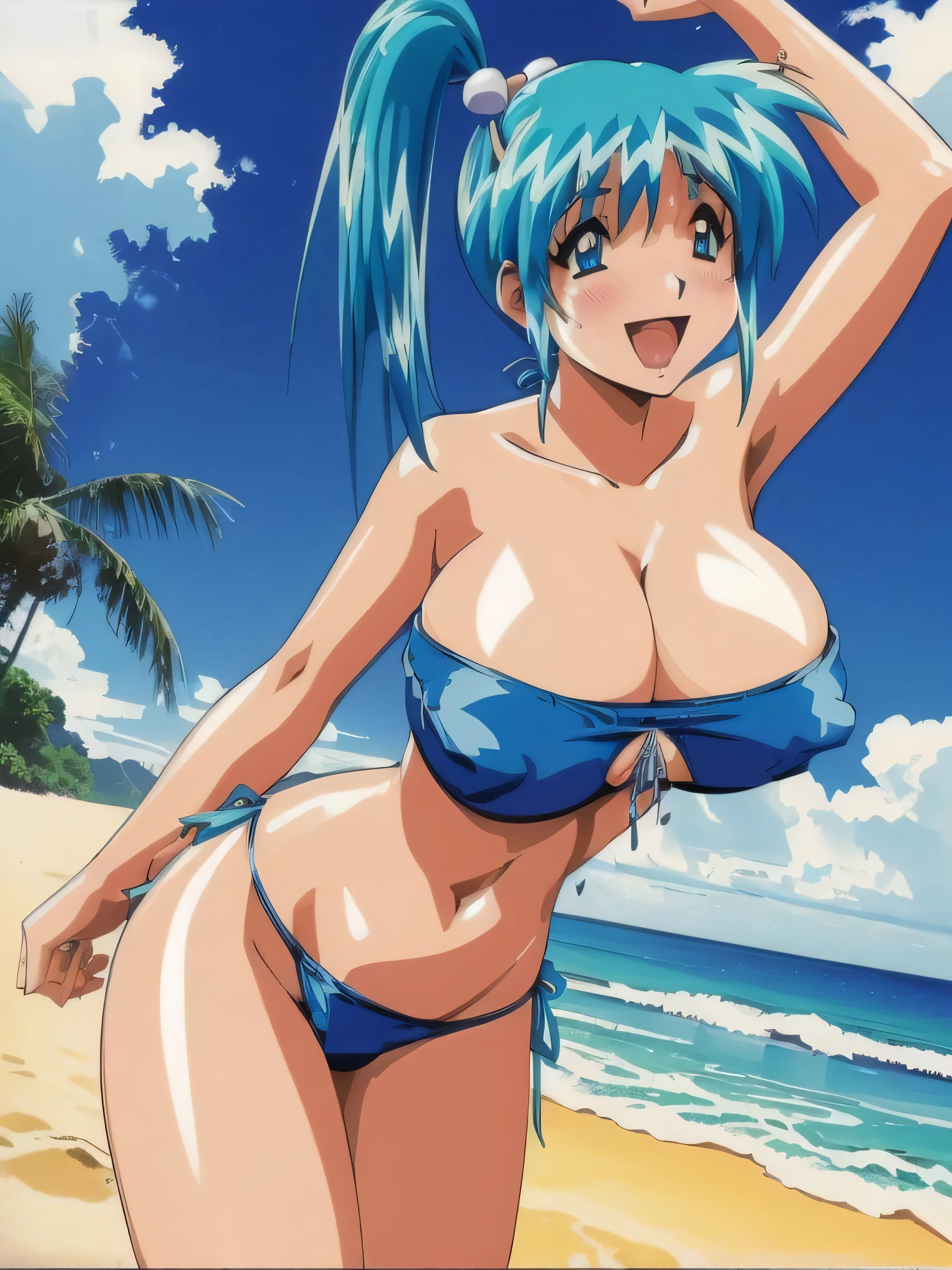 (high resolution、high quality、Masterpiece)、diver_misaki,1990s\(style\), aqua hair, side ponytail hair, hair ornament, blue eyes, (strapless,blue bikini:1.4), (beach,sea side,sea:1),water,(wet,sweat:1)(gigantic :1.5),(blush,sexy,erc),haile,open mouth,Excited,(blush:1),cowboy shot