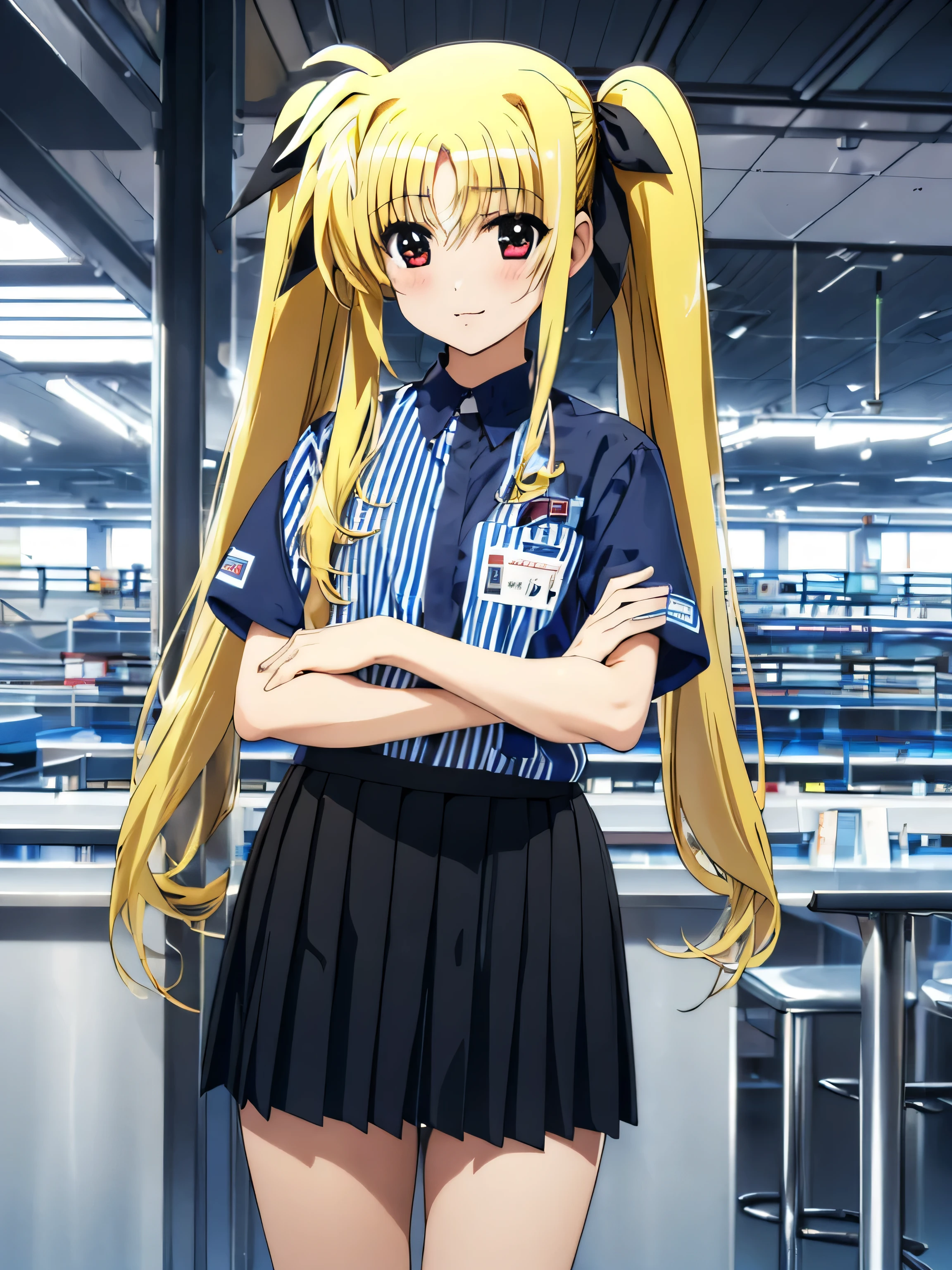 nsfw , Fate Testarossa , lyrical nanoha , (((highres official art))) , (((1girl))) , (((solo))) , (((blondehair))) , (((twintails))) , (((black ribbon))) , best quality, highres, yo, lawson uniform, employee uniform, shirt, name tag, short sleeves, striped shirt, striped, vertical-striped shirt, blue shirt, vertical stripes, alternate costume,(((lift skirt))), (((skirt hold))) , (((no panties))) 