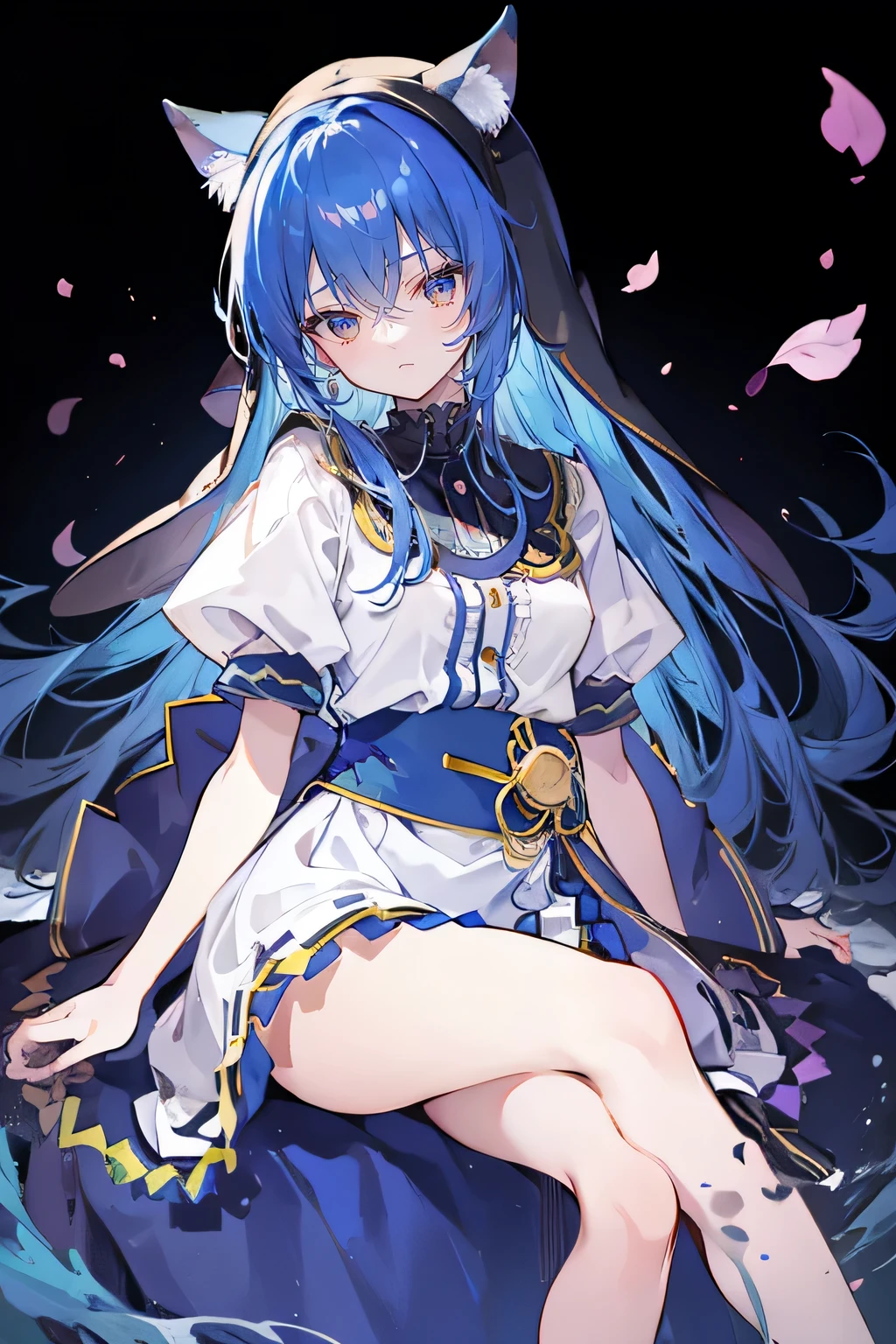 (masterpiece:1.2),Extremely detailed,Practical,expressive eyes,Fair skin,Perfect face shaping,1 Girl,
Japanese cartoons,Gorgeous blue hair, the long flowing blue hair,Floating clothes,Cat ears,Petals fall,beautiful lola,Angel,
Place your hands on your waist,sit elegantly on the ground,Cross your legs,Gentle and peaceful background,stately church,nun.