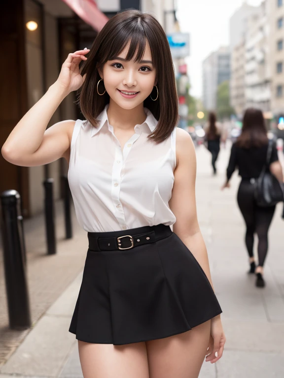 RAW Photos, highest quality, Realistic, Cute Japanese Girl, 女の子1 person, (とてもslim and slender fit muscular body:1.3), ((View Viewer)),(Big smile:1.3), (No people in the background:1.3), Beautiful earrings, Front shot, (Big eyes), (whole bodyショット), Small breasts,（masterpiece）、Healthy thighs、(Narrow waist)、Big Ass、（Beautiful legs）、((Perfectly detailed five-fingered hands)),（Anatomically correct body）、((1 female:1.4))、Japanese、Realistic Skin、（Small chest：1.4）、Bust size is C cup、Pretty woman with perfect figure:1.4,(from the front:1.5), (肌の質感のbeautyを高める:1.1), (Beautiful fine details), (Detailed face),Beautiful realistic face,No makeup、美しいBlack Hair、The best smile、Natural color lip、(Small Mouth:1.2)、(Oval Face)、Even bangs、Hide eyebrows with bangs、((29-year-old woman))、Bob Hair、Hair blowing in the wind, (Black Hair, Iris, Watery eyes, Shining Eyes, Bob cut hair, Small earrings,), Hair behind the ear、No makeup、(Drooping eyes)、Drooping eye corners、女の子1 person,whole body、(((1 personの素敵な女性)),((優しいBig smile)),(( Small breasts,Small breastsの谷間)),((((Plump Cheeks)))),((whole body：1.５))、(Narrow waist、Slender Body)、 Hair blowing in the wind,C-cup breasts with firmness、Even bangs:1.4、whole bodyショット、,(((Beautiful woman boasting toned hips and muscular buttocks))),((( Shapely big ass))),(A toned waist is best:1.4),Sleeveless、Open chest、すらっと伸びたthin脚、Long legs、platform、Sandals、clear、thin、slim、thinウエスト、beauty、Looking into the camera、Walking around the city、Cute Smile、Summer sunshine、Accentuate your breasts,(((Attractive woman wearing a white collared shirt and flared skirt in the city,1 person、))),Wearing a white blouse,