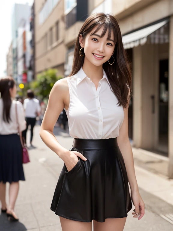 RAW Photos, highest quality, Realistic, Cute Japanese Girl, 女の子1 person, (とてもslim and slender fit muscular body:1.3), ((View Viewer)),(Big smile:1.3), (No people in the background:1.3), Beautiful earrings, Front shot, (Big eyes), (whole bodyショット), Small breasts,（masterpiece）、Healthy thighs、(Narrow waist)、Big Ass、（Beautiful legs）、((Perfectly detailed five-fingered hands)),（Anatomically correct body）、((1 female:1.4))、Japanese、Realistic Skin、（Small chest：1.4）、Bust size is C cup、Pretty woman with perfect figure:1.4,(from the front:1.5), (肌の質感のbeautyを高める:1.1), (Beautiful fine details), (Detailed face),Beautiful realistic face,No makeup、美しいBlack Hair、The best smile、Natural color lip、(Small Mouth:1.2)、(Oval Face)、Even bangs、Hide eyebrows with bangs、((29-year-old woman))、Bob Hair、Hair blowing in the wind, (Black Hair, Iris, Watery eyes, Shining Eyes, Bob cut hair, Small earrings,), Hair behind the ear、No makeup、(Drooping eyes)、Drooping eye corners、女の子1 person,whole body、(((1 personの素敵な女性)),((優しいBig smile)),(( Small breasts,Small breastsの谷間)),((((Plump Cheeks)))),((whole body：1.５))、(Narrow waist、Slender Body)、 Hair blowing in the wind,C-cup breasts with firmness、Even bangs:1.4、whole bodyショット、,(((Beautiful woman boasting toned hips and muscular buttocks))),((( Shapely big ass))),(A toned waist is best:1.4),Sleeveless、Open chest、すらっと伸びたthin脚、Long legs、platform、Sandals、clear、thin、slim、thinウエスト、beauty、Looking into the camera、Walking around the city、Cute Smile、Summer sunshine、Accentuate your breasts,(((Attractive woman wearing a white collared shirt and flared skirt in the city,1 person、))),Wearing a white blouse,