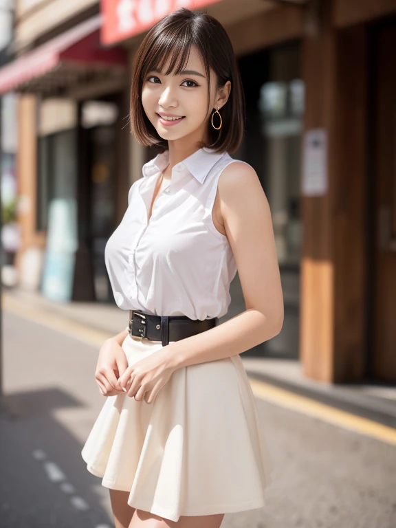 RAW Photos, highest quality, Realistic, Cute Japanese Girl, 1 person, (とてもslim and slender fit muscular body:1.3), ((View Viewer)),(Big smile:1.3), (No people in the background:1.3), Beautiful earrings, Front shot, (Big eyes), (whole bodyショット), Small breasts,(masterpiece)、Healthy thighs、(Narrow waist)、Big Ass、(Beautiful legs)、((Perfectly detailed five-fingered hands)),(Anatomically correct body)、((1 female:1.4))、Japanese、Realistic Skin、(Small chest:1.4)、Bust size is C cup、Pretty woman with perfect figure:1.4,(from the front:1.5), (肌の質感のbeautyを高める:1.1), (Beautiful fine details), (Detailed face),Beautiful realistic face,No makeup、美しいBlack Hair、The best smile、Natural color lip、(Small Mouth:1.2)、(Oval Face)、Even bangs、Hide eyebrows with bangs、((29-year-old woman))、Bob Hair、Hair blowing in the wind, (Black Hair, Iris, Watery eyes, Shining Eyes, Bob cut hair, Small earrings,), Hair behind the ear、No makeup、(Drooping eyes)、Drooping eye corners、女の子erson,whole body、(((1 personの素敵な女性)),((優しいBig smile)),(( Small breasts,Small breastsの谷間)),((((Plump Cheeks)))),((whole body:1.5))、(Narrow waist、Slender Body)、 Hair blowing in the wind,C-cup breasts with firmness、Even bangs:1.4、whole bodyショット、,(((Beautiful woman boasting toned hips and muscular buttocks))),((( Shapely big ass))),(A toned waist is best:1.4),Sleeveless、Open chest、すらっと伸びたthin脚、Long legs、platform、Sandals、clear、thin、slim、thinウエスト、beauty、Looking into the camera、Walking around the city、Cute Smile、Summer sunshine、Accentuate your breasts,(((Attractive woman wearing a white collared shirt and flared skirt in the city,1 person、))),Wearing a white blouse,