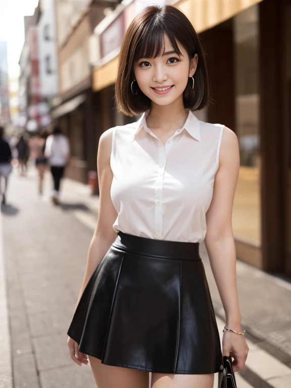 RAW Photos, highest quality, Realistic, Cute Japanese Girl, 女の子1 person, (とてもslim and slender fit muscular body:1.3), ((View Viewer)),(Big smile:1.3), (No people in the background:1.3), Beautiful earrings, Front shot, (Big eyes), (whole bodyショット), Small breasts,（masterpiece）、Healthy thighs、(Narrow waist)、Big Ass、（Beautiful legs）、((Perfectly detailed five-fingered hands)),（Anatomically correct body）、((1 female:1.4))、Japanese、Realistic Skin、（Small chest：1.4）、Bust size is C cup、Pretty woman with perfect figure:1.4,(from the front:1.5), (肌の質感のbeautyを高める:1.1), (Beautiful fine details), (Detailed face),Beautiful realistic face,No makeup、美しいBlack Hair、The best smile、Natural color lip、(Small Mouth:1.2)、(Oval Face)、Even bangs、Hide eyebrows with bangs、((29-year-old woman))、Bob Hair、Hair blowing in the wind, (Black Hair, Iris, Watery eyes, Shining Eyes, Bob cut hair, Small earrings,), Hair behind the ear、No makeup、(Drooping eyes)、Drooping eye corners、女の子1 person,whole body、(((1 personの素敵な女性)),((優しいBig smile)),(( Small breasts,Small breastsの谷間)),((((Plump Cheeks)))),((whole body：1.５))、(Narrow waist、Slender Body)、 Hair blowing in the wind,C-cup breasts with firmness、Even bangs:1.4、whole bodyショット、,(((Beautiful woman boasting toned hips and muscular buttocks))),((( Shapely big ass))),(A toned waist is best:1.4),Sleeveless、Open chest、すらっと伸びたthin脚、Long legs、platform、Sandals、clear、thin、slim、thinウエスト、beauty、Looking into the camera、Walking around the city、Cute Smile、Summer sunshine、Accentuate your breasts,(((Attractive woman wearing a white collared shirt and flared skirt in the city,1 person、))),Wearing a white blouse,