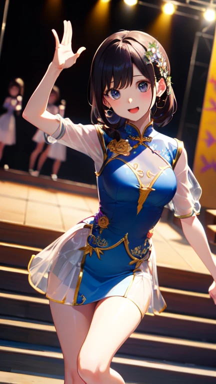 masterpiece, highest quality, One Girl, Thighs, beautiful girl, Flowers, たくさんの小さなflowerびら, flower、Tight waist, RAWphotograph,Bright lighting、Face Light, Dynamic Lighting, Ultra-realistic, High resolution, photograph, Sharp focus, Highly detailed eyes and face,Symmetrical face, whole body、Big Breasts、Long Hair、チラリと見えるThighs、Deep Valley、Beautiful Valley、((((Sexy pose、Transparent Ao Dai、Micro Mini Skirt、The stage for the school festival beauty contest、Low Angle、Thighs))))