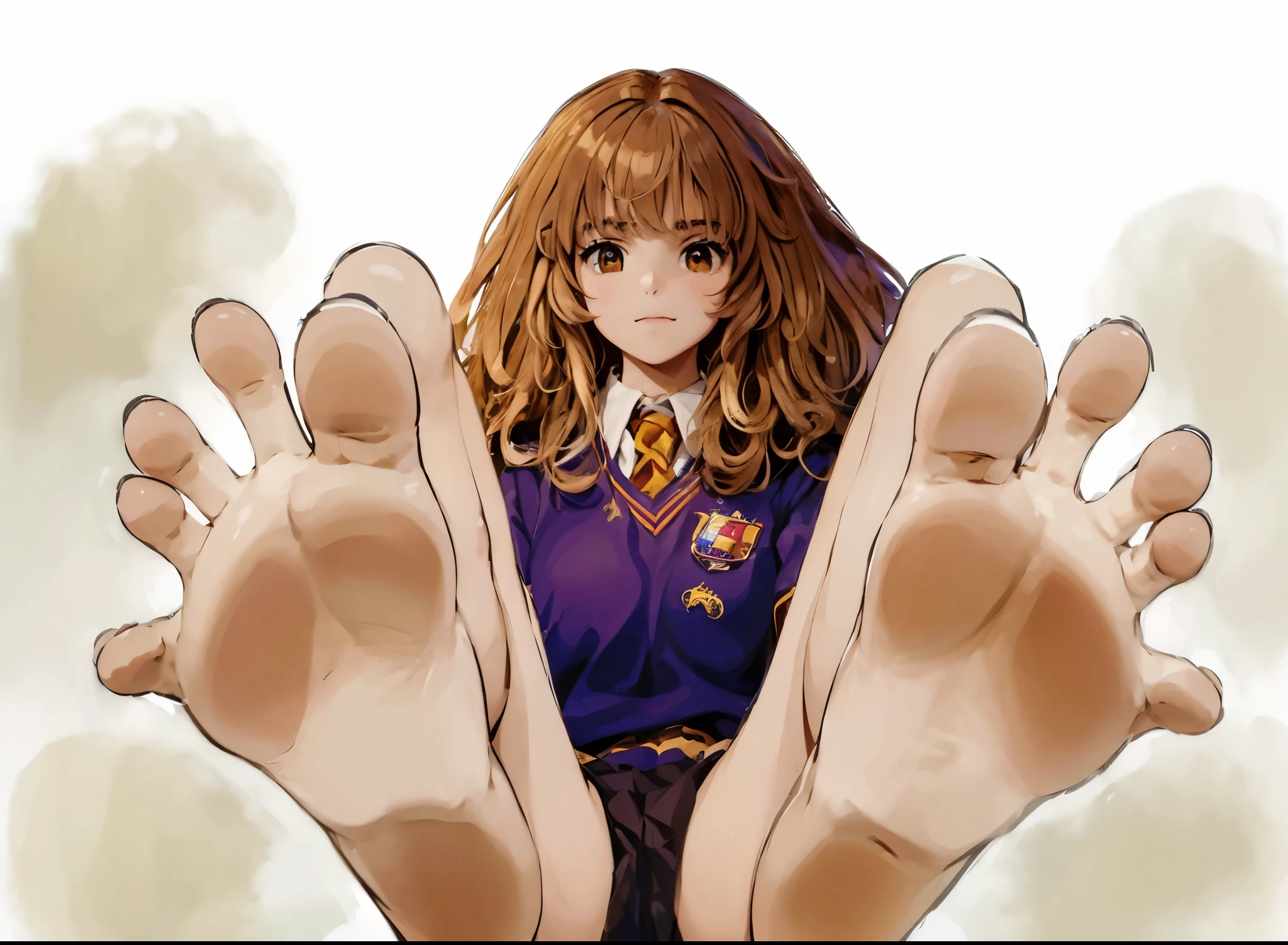 masterpiece, Overall view (Hermione Granger), in a Hogwarts uniform intimate, detailed, Full Body Shot, very detailed face, Hogwarts library on background, (8k, Ultra-high resolution, Digital SLR, high quality, Cinema Lighting, Bokeh), (dramatic, Award-winning photography, 信じられないほどのmasterpiece: 1.3), 16k, Ultra-high resolution.Realistic, Ultra-high resolution, sole, barefoot