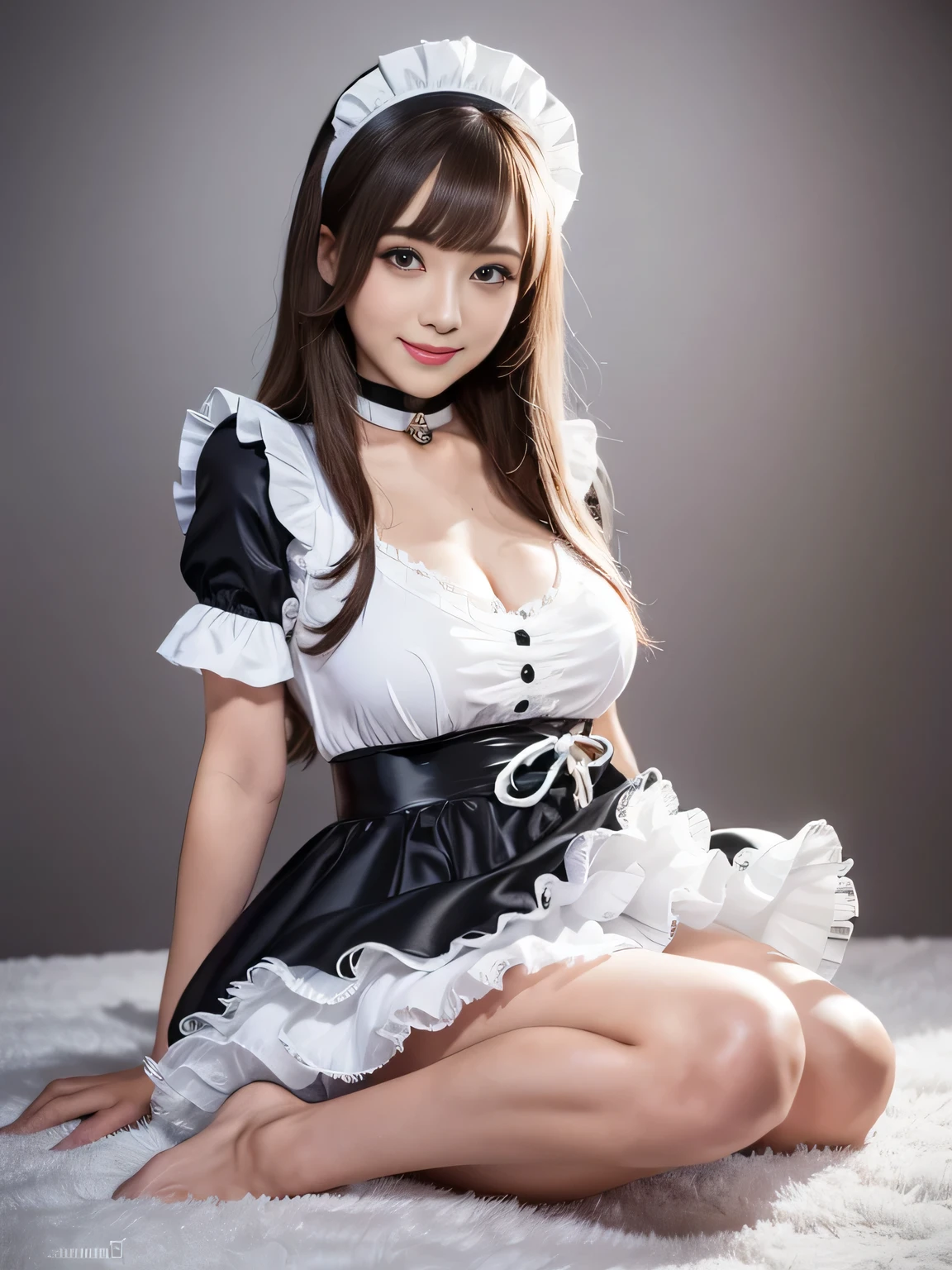 masterpiece、One girl per photo、Full Body Shot、Front view、Young and beautiful woman in Japan、Wearing a cute short-sleeved satin silver black maid outfit、With a big smile、White ruffled headband、White frilly apron、Black choker、Charming person、Very cute face、Glossy lips、Body covered in sweat、Double eyelids on both eyes、 Natural Makeup、Long eyelashes、Long Bob Hair、Shiny and smooth light brown hair、Asymmetrical bangs、Sunburned skin、Center image、8K resolution、Advanced Details、Detailed hairstyle、Detailed face、Great cinema lighting、Octane Rendering、Vibrant、Ultra-realistic、Perfect limbs、Perfect Anatomy、Huge