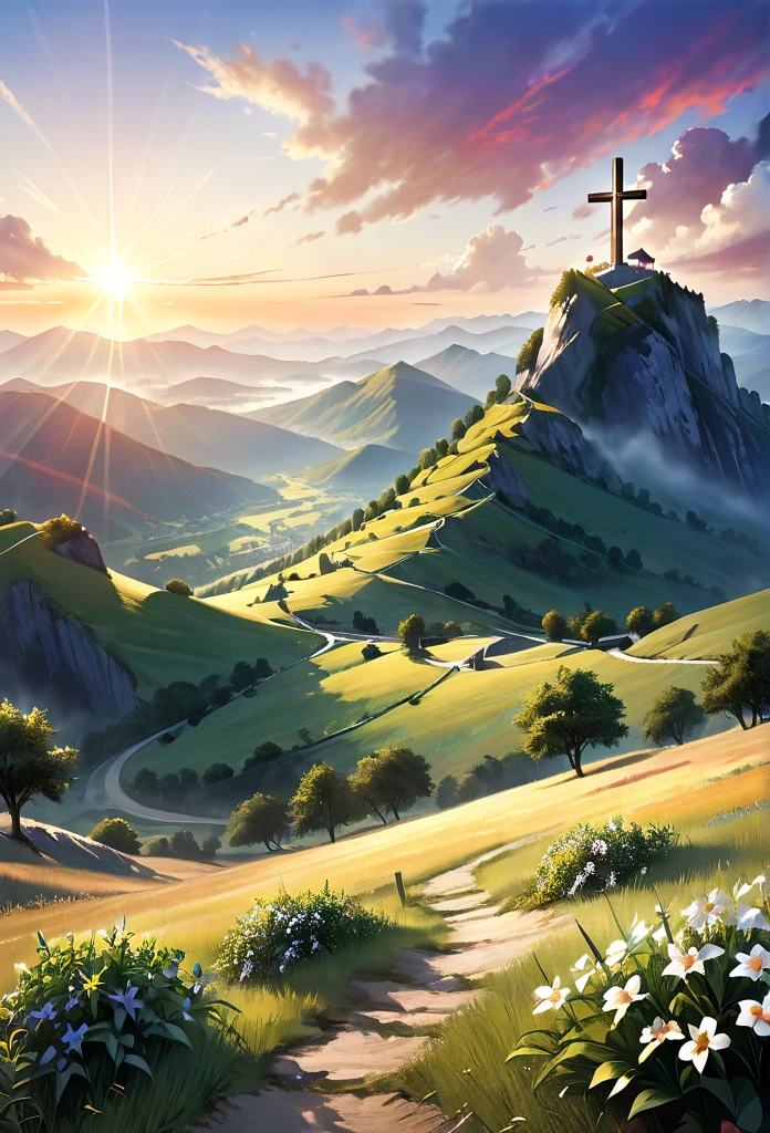 Cross of Jesus Christ in the mountain, a beautiful landscape opens up behind, 4k quality, (dynamics 1.0) reality, summer dawn, without people, 16:9, Size 1920x1080