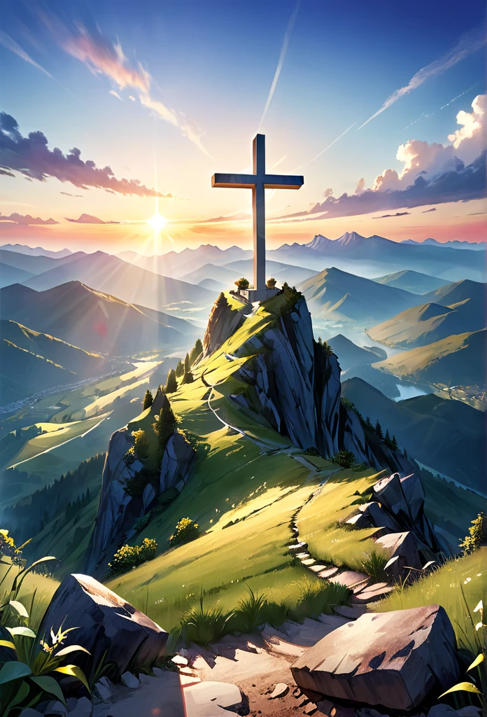 Create a stunning image of a majestic mountain, surrounded by lush greenery and green lawns. The mountain towers towering against an intense blue sky, decorated with fluffy white clouds. At the top of the mountain, place a wooden cross, shining with a soft glow, contrasting with the surrounding natural landscape. Sunlight pours over the scene, highlighting the nuances of the mountain and creating subtle shadows. Realistic details, such as the textures of the rocks, the vibrant vegetation and the clear sky, help to create an immersive feeling and an atmosphere of peace and serenity. This image captures the harmony between grand nature and the awe-inspiring presence of the cross, evoking a sense of reverence and contemplation. Carefully executed composition and photographic precision will help create an image that would win an award, celebrating the beauty of creation and the transcendent symbolism of the cross. --auto --s2