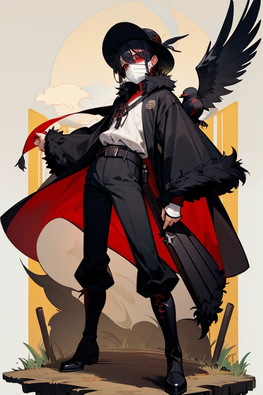 12 year old boy, black hair, red eyes, full body, straw hat, raven fur coat, belt, raven diaper, black boots, farmer, pitchfork, eye patch, mask,