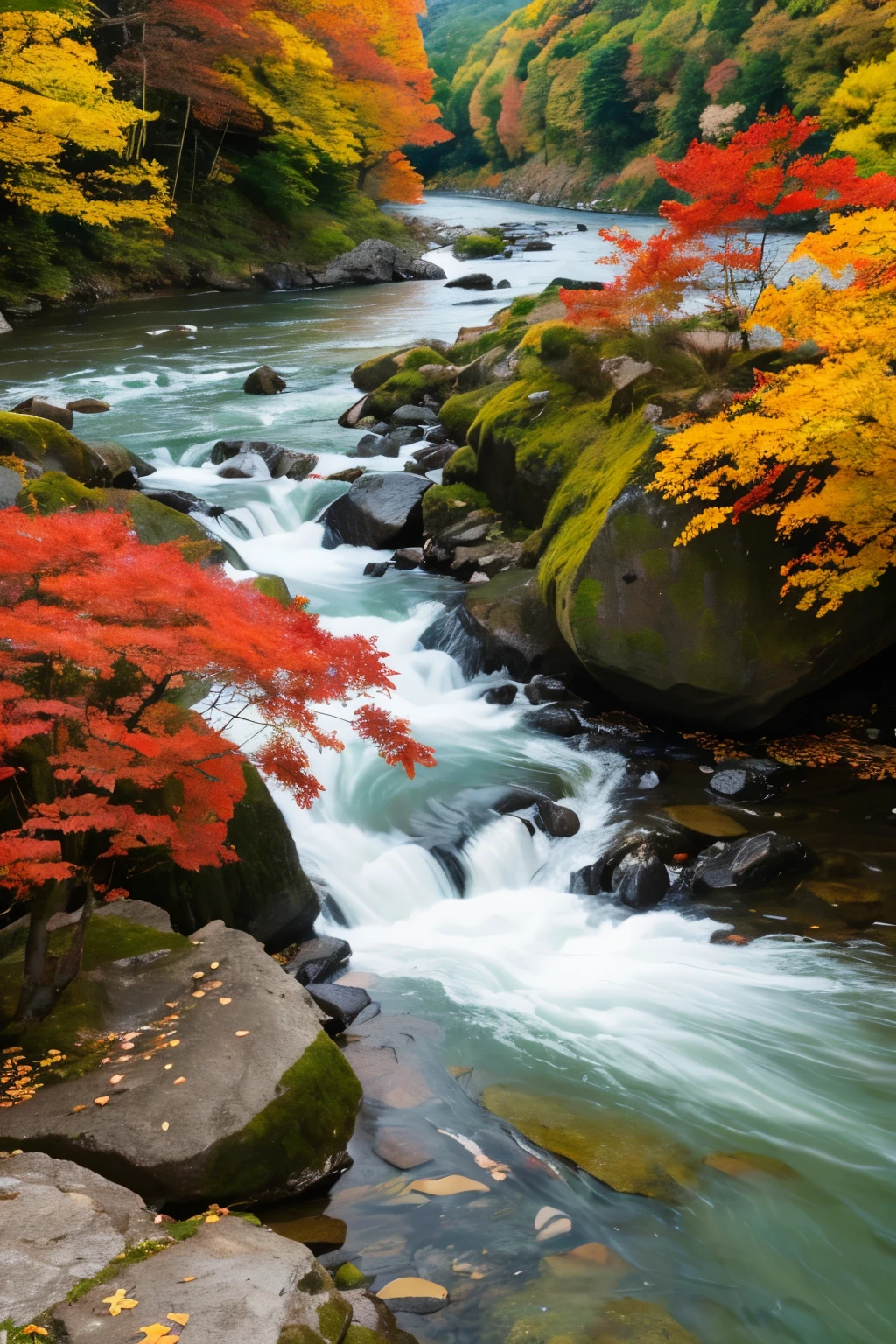 秋teethautumn leavesの保津川下り」teeth、There are rapids and huge rocks scattered around.。vivid、autumn leaves、Everything burns red、、、Close-up、Splashing water。