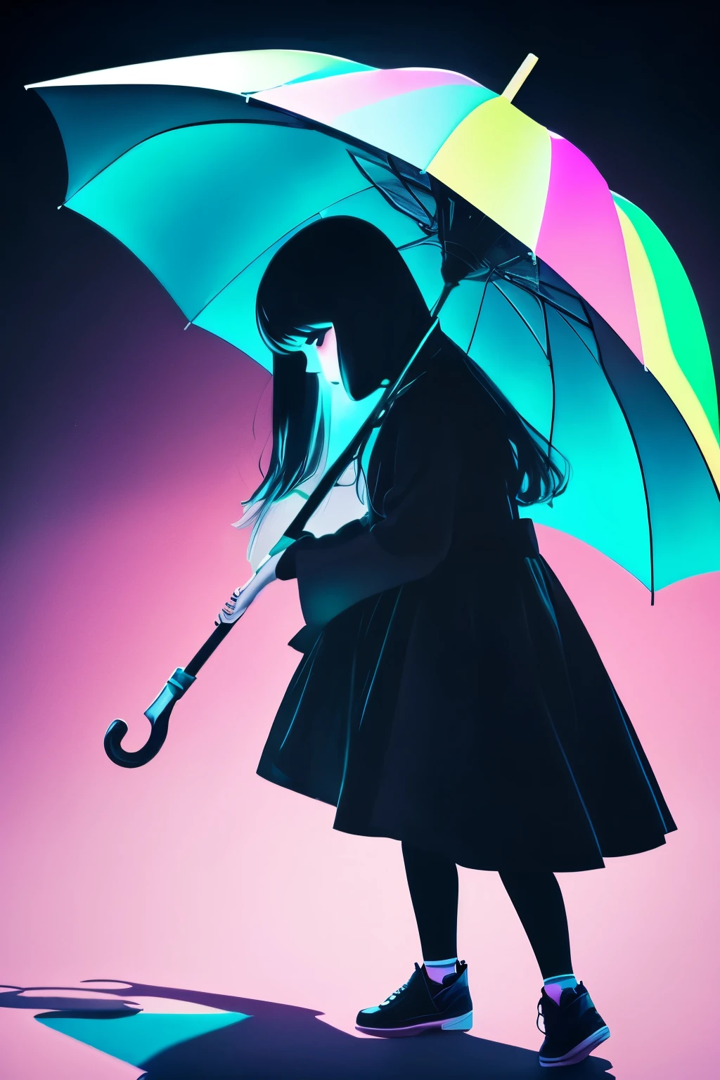 a Girl with umbrella, black shadow, puppy, black paint,luminous design, pastel colours, spring lights,background