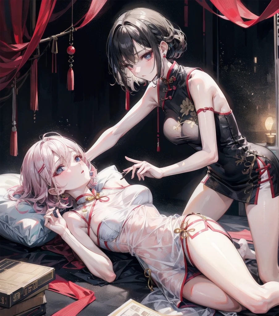 (((yuri))), (((2 girls))), ((cheongsam)), absurdres, RAW photo, extremely delicate and beautiful, masterpiece, Best Quality, ultra high resolution, 32k, hyperrealistic, ultra-detailed, detailed description, perfect anatomy, pale skin, 20 years old, detailed beautiful face and eyes, tearful mole, earring, short medium hair, wavy hair, random colored hair, whole body shot, big tits,